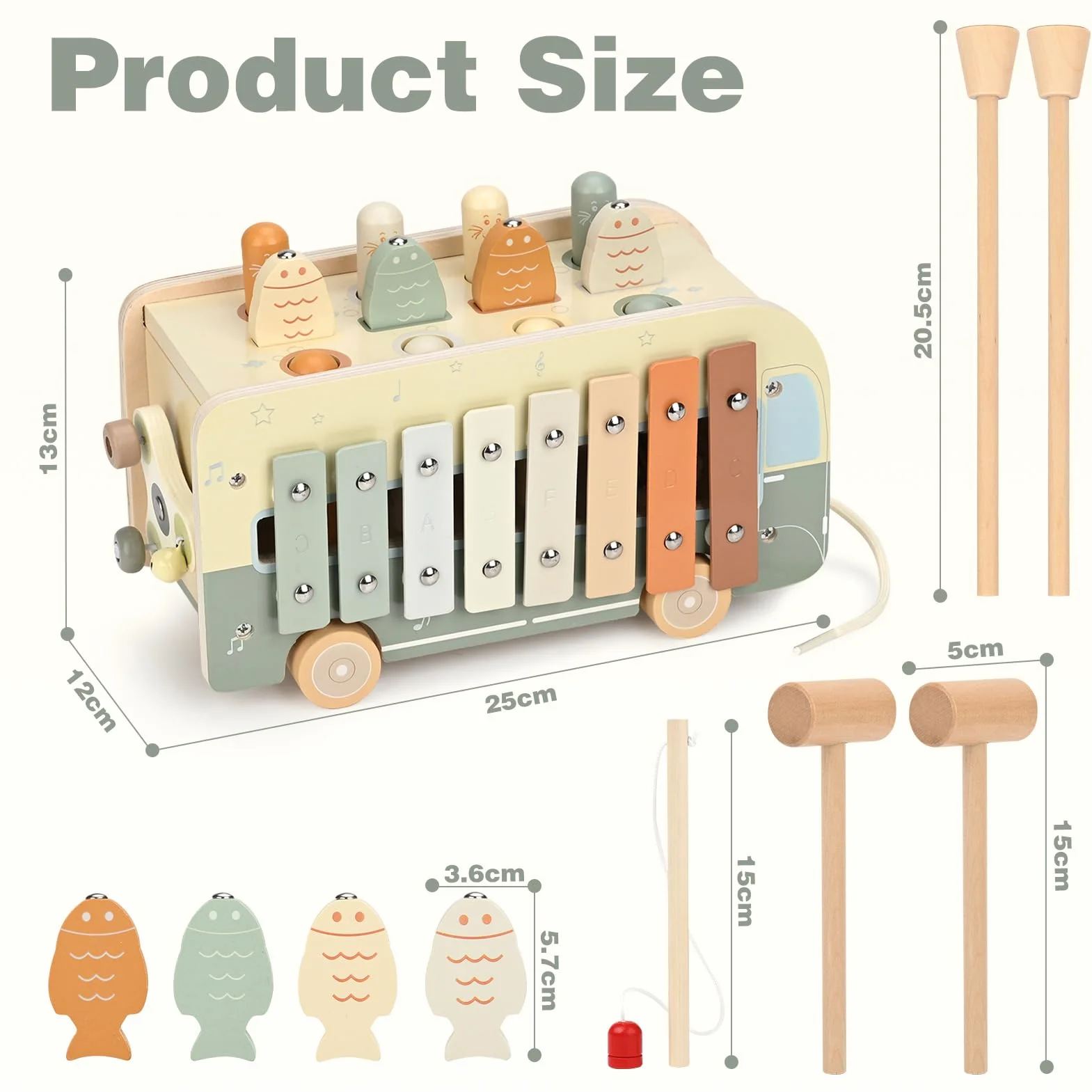 Vanplay Montessori zabawka dla dzieci od 1 roku życia, 7 w 1, gra z młotem, zabawka wędkarska, magnetyczna zabawka motoryczna, ksylofon dla dzieci 1 rok, prezent dla dzieci od 1, 2, 3 lat, dla