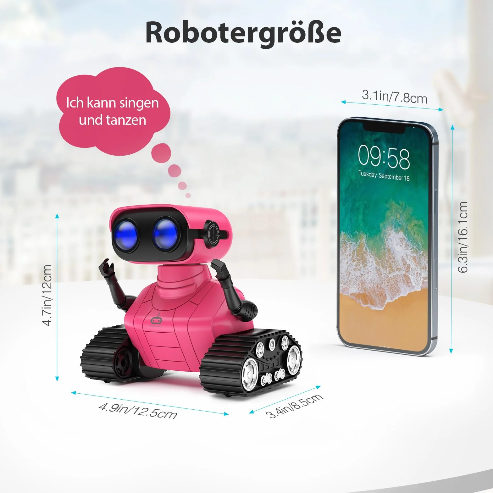 ALLCELE Robot zabawka dla dziewczynek, zabawka RC z pilotem zdalnego sterowania, słodki wygląd, interesująca muzyka, oczy LED i elastyczne ramiona, idealny prezent na Boże Narodzenie dla dzieci 3+