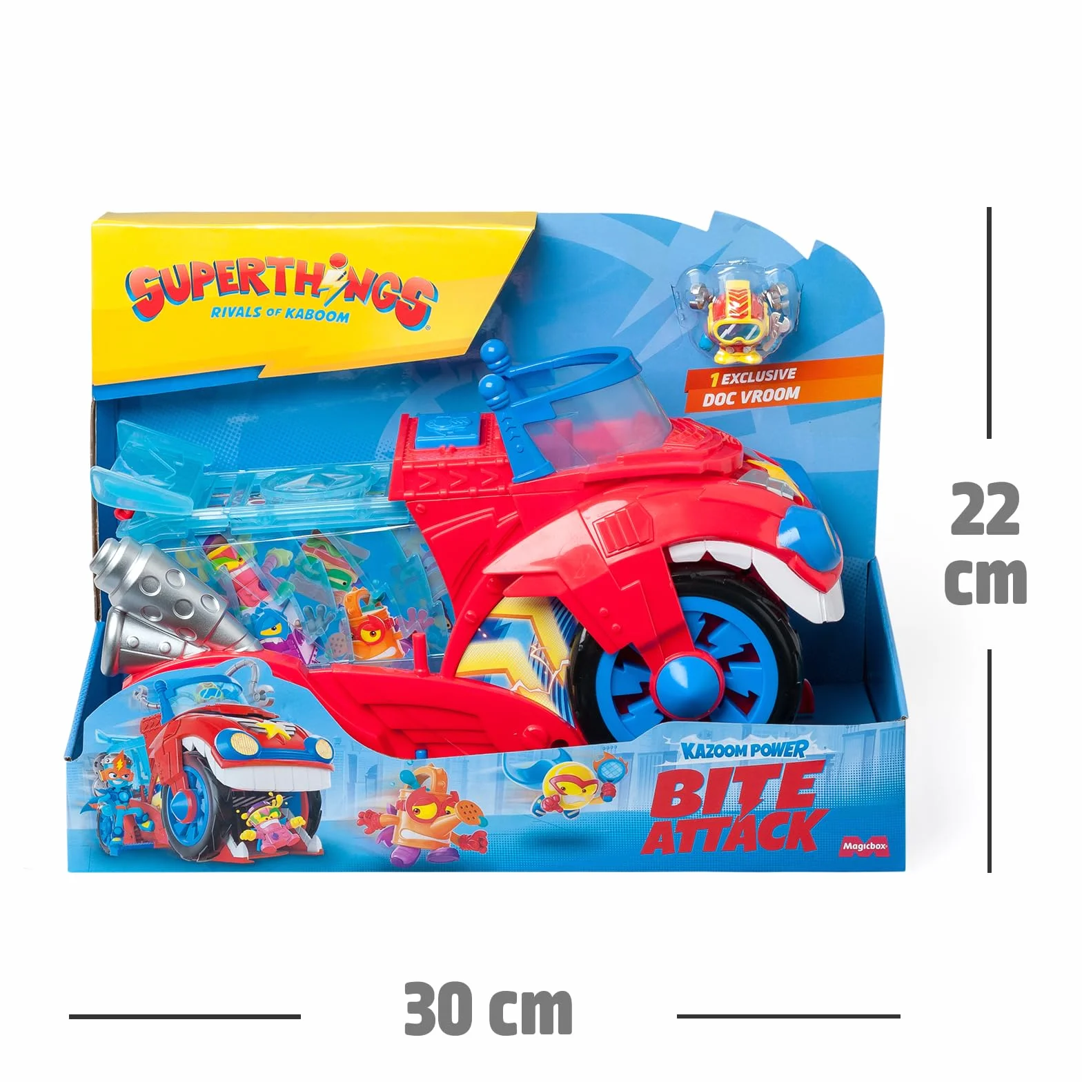 SUPERTHINGS – Bite Attack. Pojazd Doc Vrooma z serialu „SuperThings Kazoom Power”. Zawartość: 1 pojazd Bite Attack, 1 ekskluzywny Doc Vroom, 1 odczepiane więzienie
