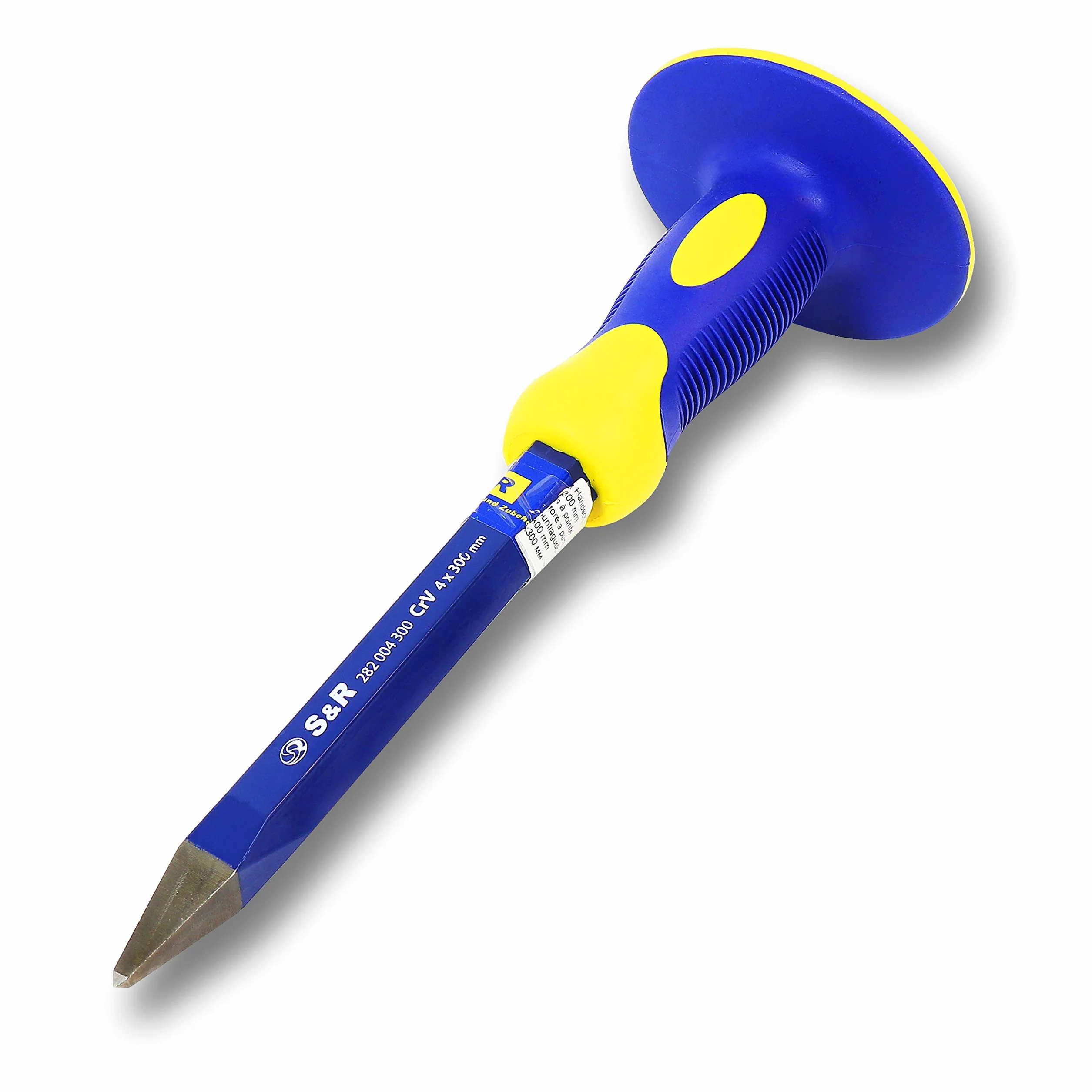 S&R dłuto spiczaste, zimne dłuto ze spiczastą głową i ochroną dłoni / osłoną końcową, 295 x 95 x 4 mm, 40 Cr-V, 52-58 HRC, antypoślizgowy ergonomiczny uchwyt, bardzo szeroka powierzchnia uderzenia