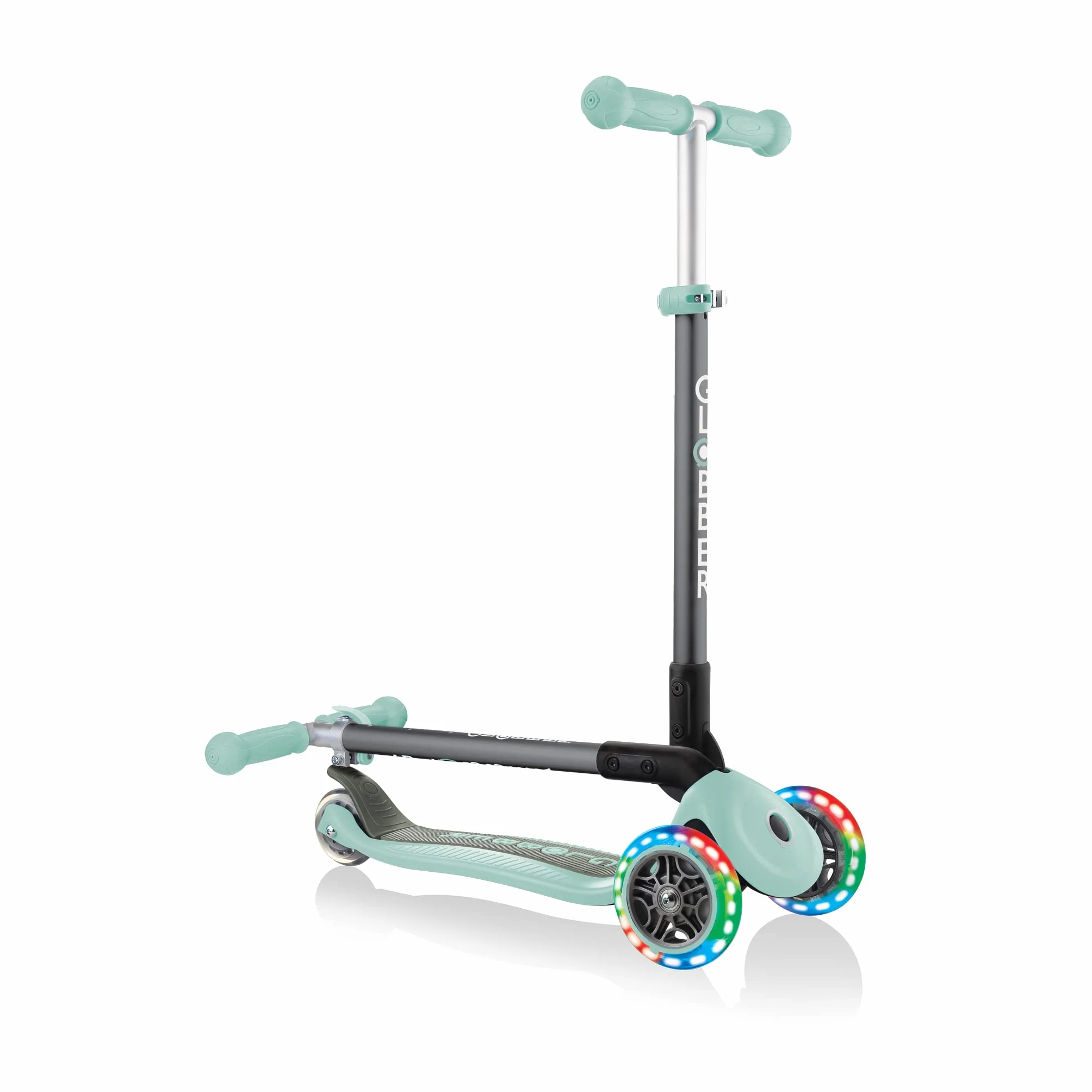 Globber - Primo Foldable Lights - składana hulajnoga, podświetlana z 3 kołami dla dzieci w wieku od 3 do 7 lat +, pastelowa zieleń