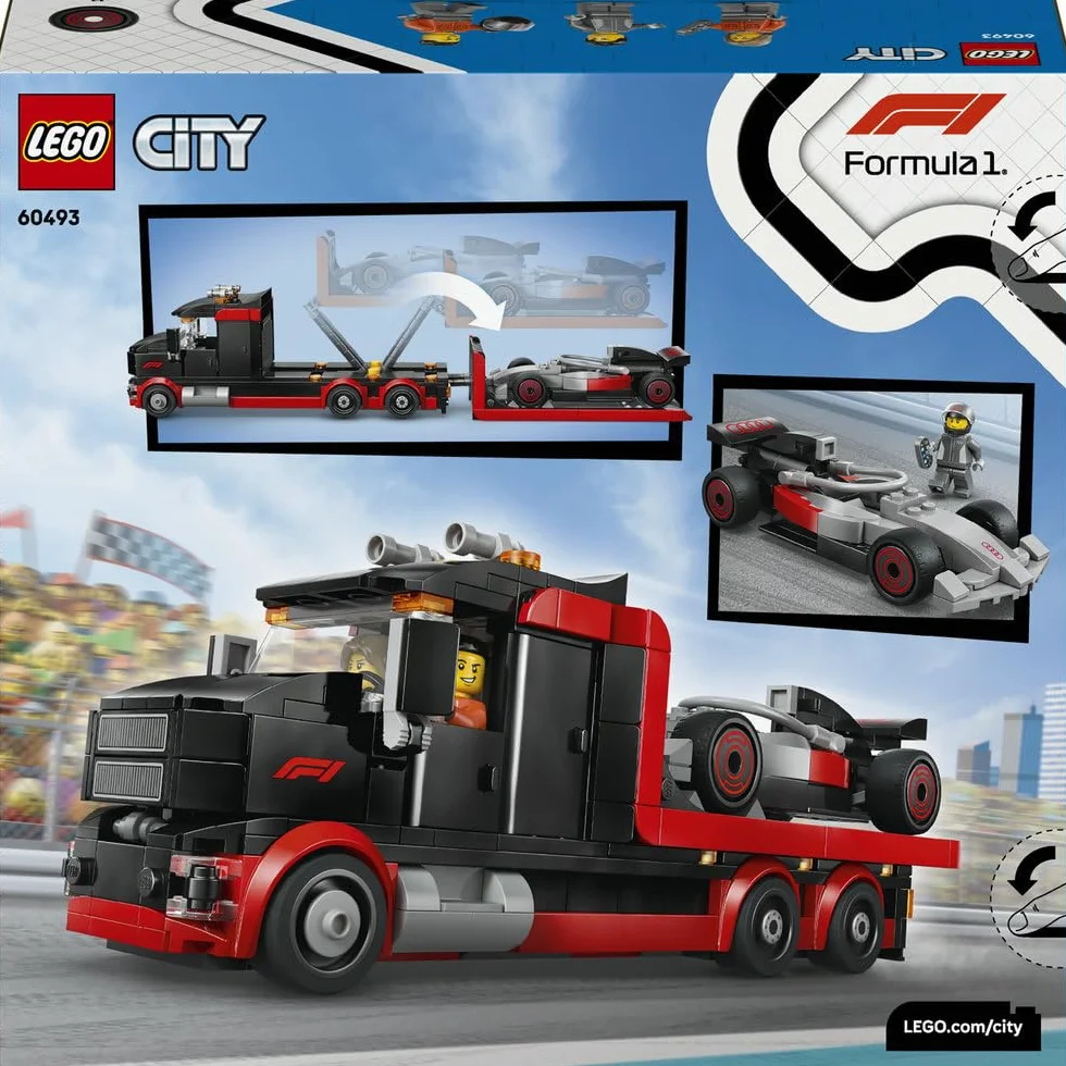 LEGO City Ciężarówka F1 z bolidem Audi F1, zabawka dla dzieci do zbudowania, pomysł na prezent dla 7-latka, dla chłopca i dziewczynki na urodziny, ozdoba na biurko dla fana wyścigówki z klocków 60493