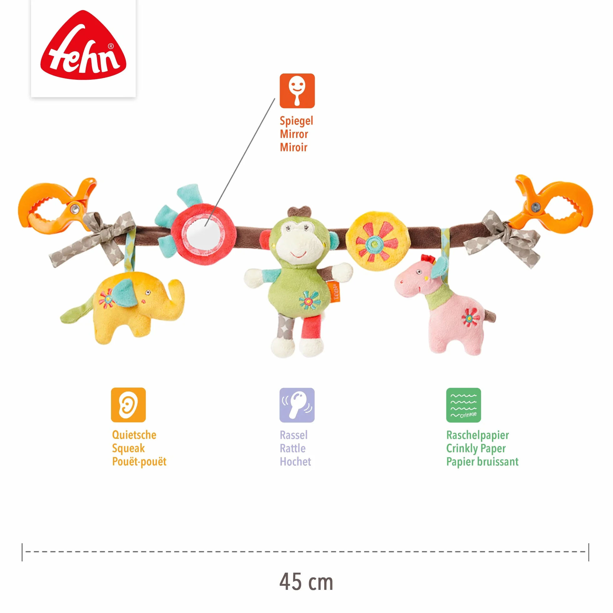 Fehn 74550 Łańcuszek do Wózka Dziecięcego Safari, Wielokolorowy, 45 cm