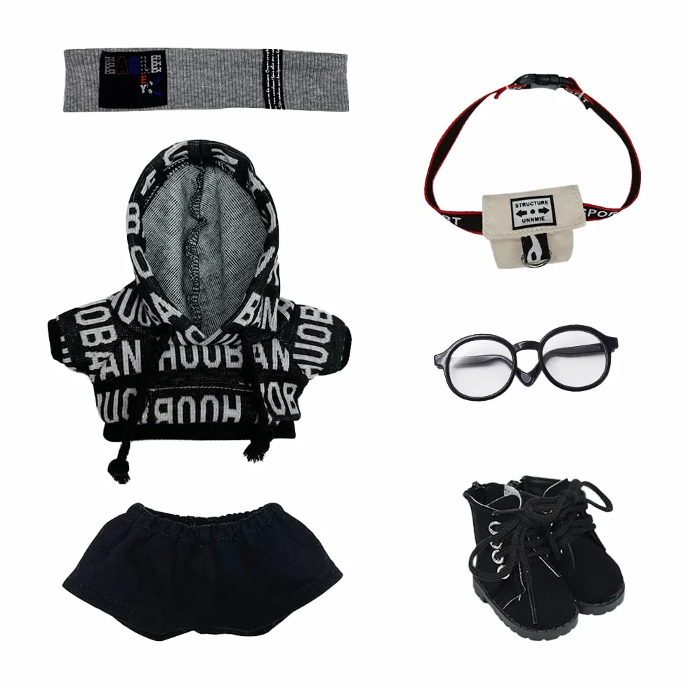niannyyhouse Pluszowe ubrania dla lalek, luźne, hip-hopowe, kombinezon, nakrycie głowy, bluza z kapturem, spodnie, plecak, okulary, buty, akcesoria dla lalek 8 cali (czarne, 20 cm)