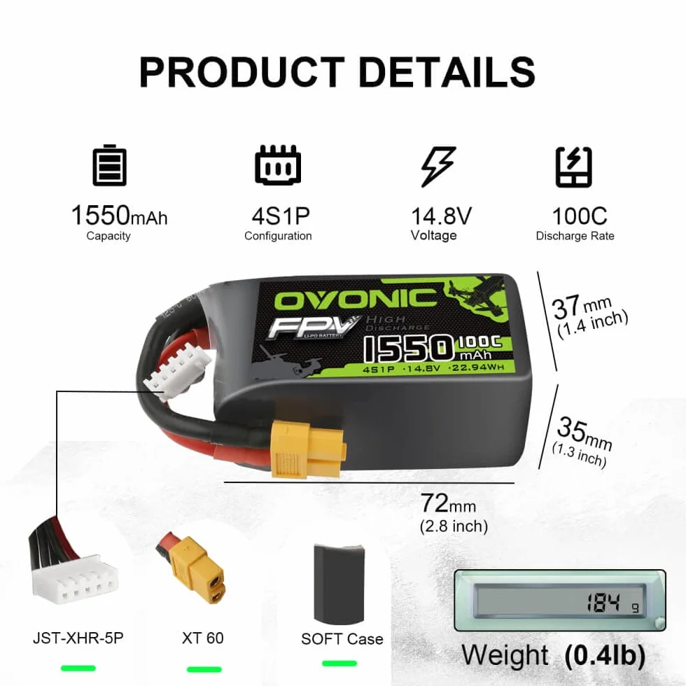 OVONIC Akumulator Lipo 4s 1550mAh 100C 14,8V z wtyczką XT60 do RC FPV Quadcopter, samolot, hobby, DIY(1 szt.)