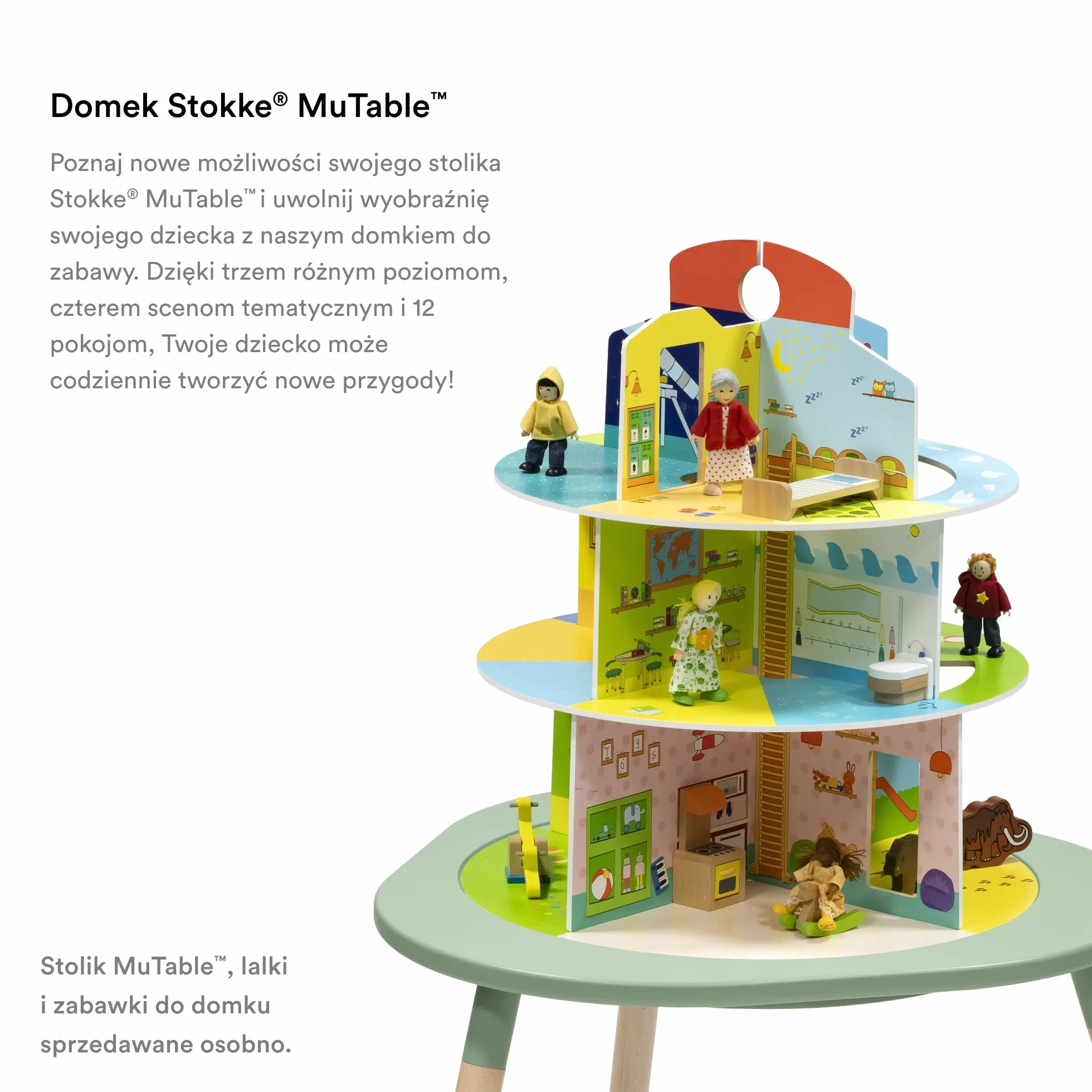 Domek do zabawy Stokke MuTable - nowy design 2023 r. - zawiera plac zabaw, dom rodzinny, muzeum i przedszkole - wykonany z drewna, montaż bez użycia śrub - dla dzieci w wieku 3+ lat