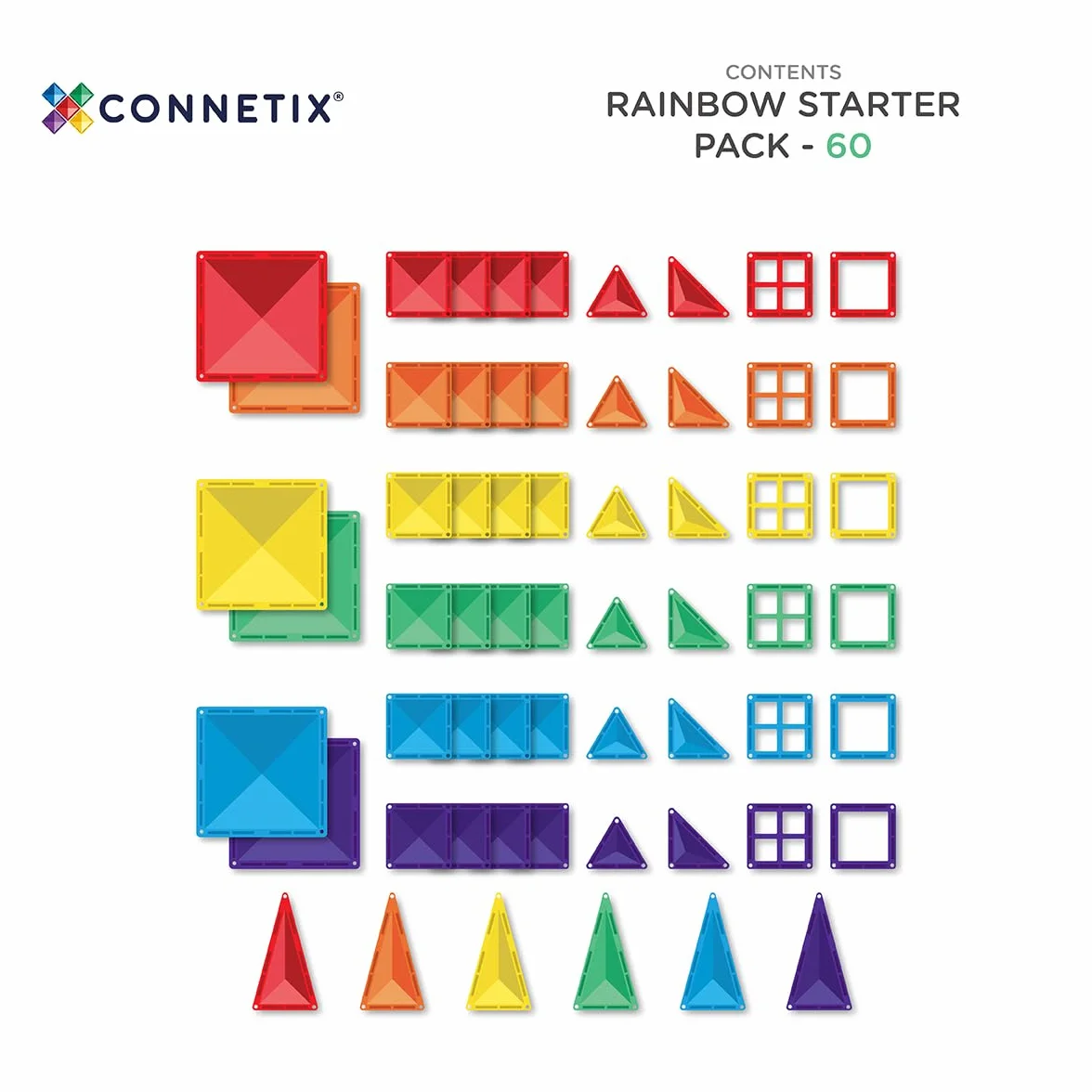 CONNETIX Magnetyczne płytki tęczowe zestaw startowy, 60 sztuk