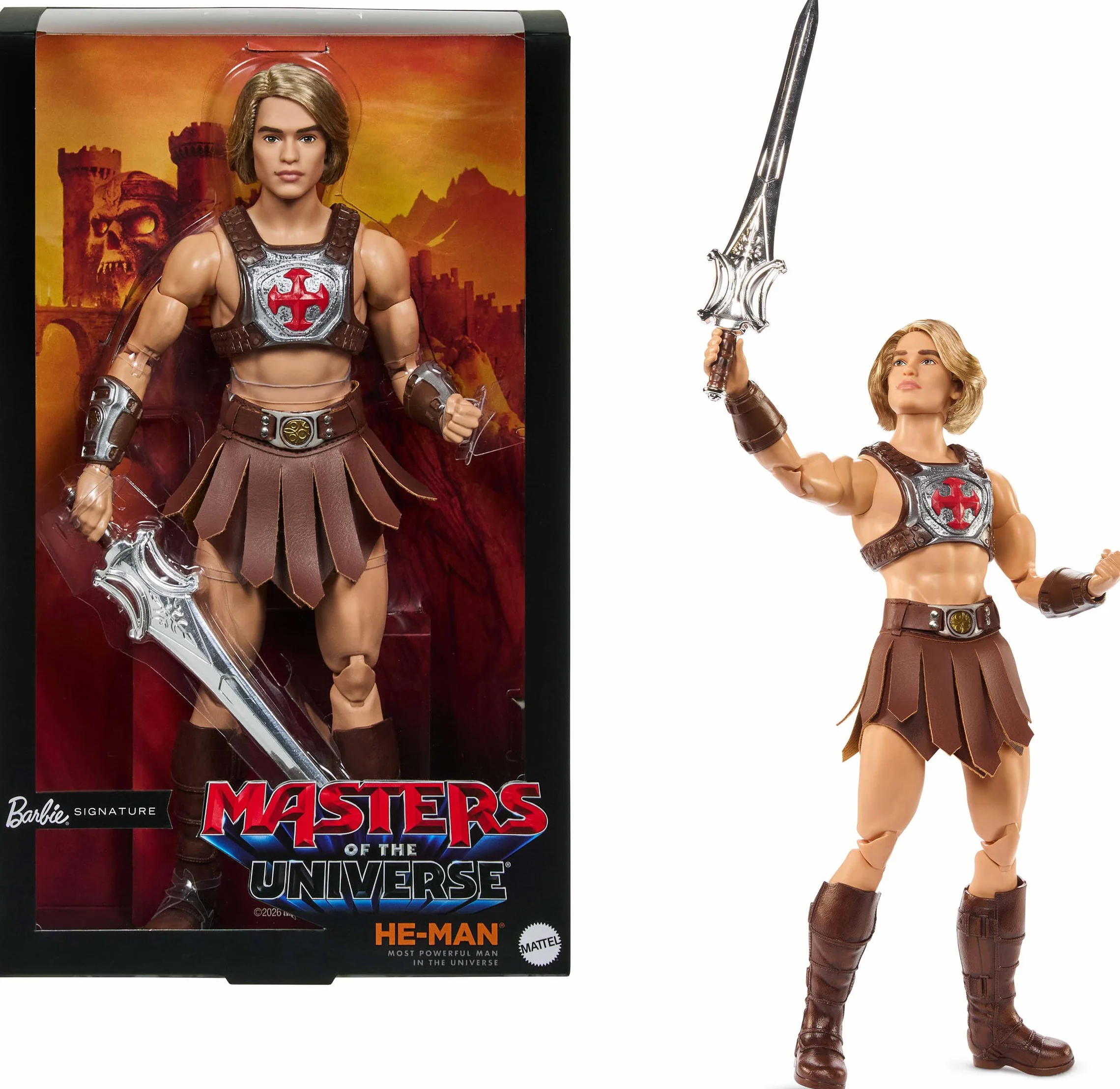 Barbie Signature Masters of the Universe Ken He-Man Lalka kolekcjonerska w charakterystycznym stroju z uprzężą bojową, w zestawie „miecz” i podstawka dla lalki, zabawka dla dzieci 6+, JJY03