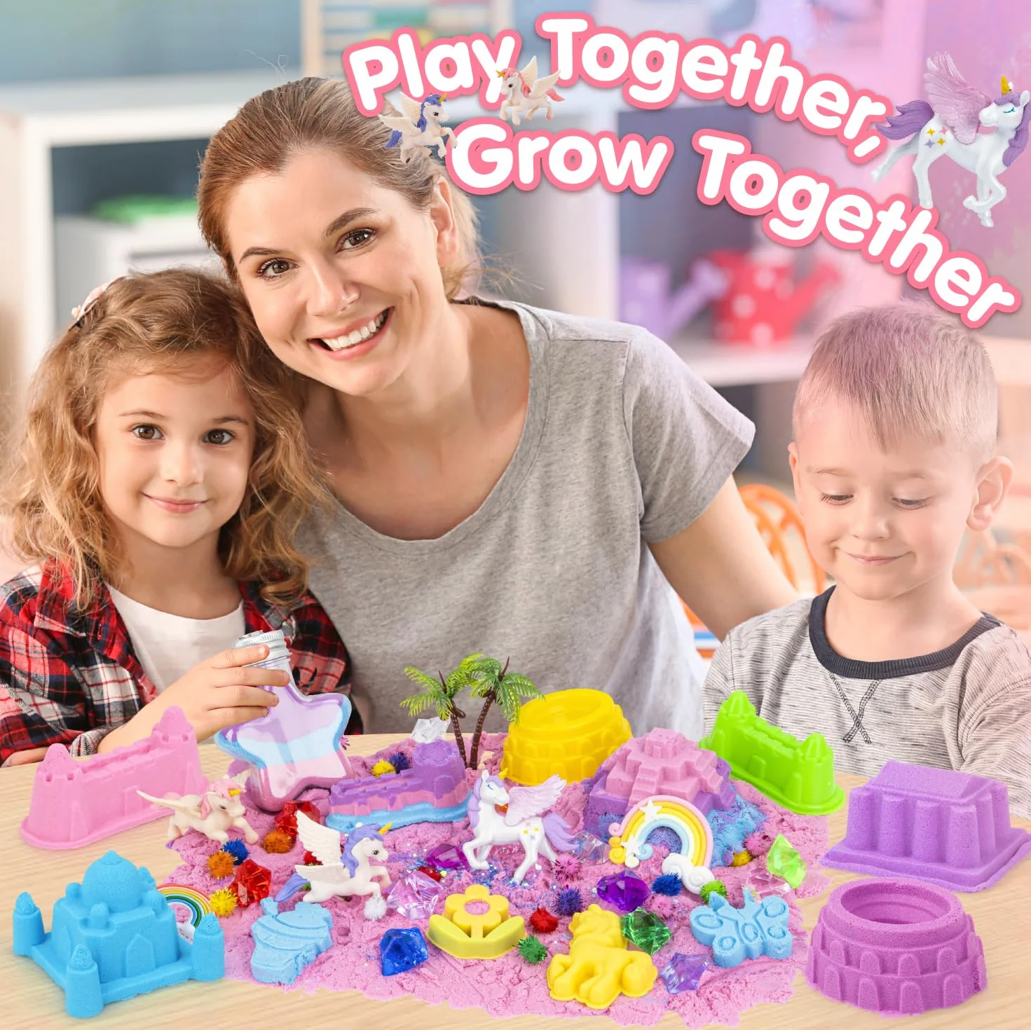 snookids Kolorowy magiczny piasek z naturalnego wosku pszczelego dla dzieci 690 g, zestaw piaskowy z 24 foremkami, 3 jednorożce, pudełko do przechowywania, sensoryczna zabawka dla dzieci 3, 4, 5, 6, 7