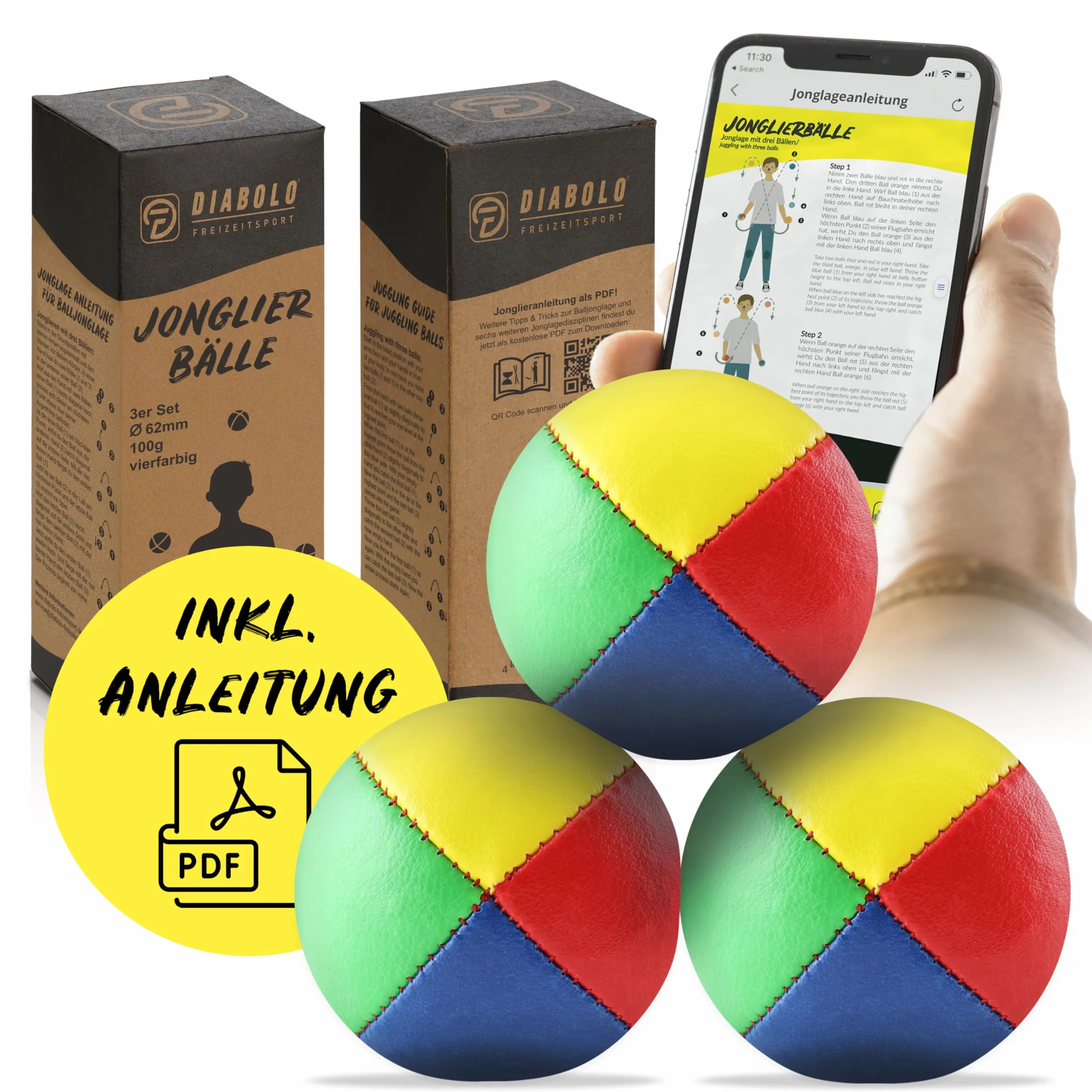 Diabolo Freizeitsport Piłki do żonglerki, zestaw 3 sztuk, 62 mm, wypełnione ekologicznym prosem ptaków, wodoodporna sztuczna skóra, idealna dla dzieci i początkujących