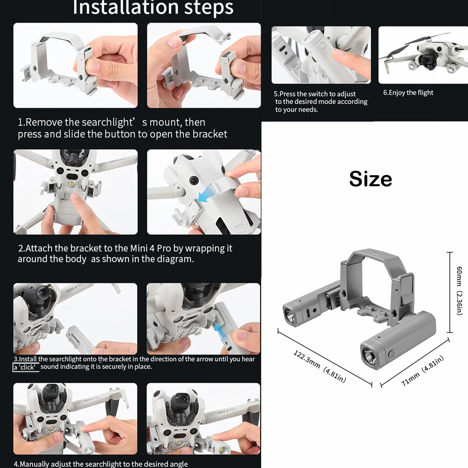 DJI Mini 4 Pro szperacz lampka nocna podwójne światło obrót 360° wiele trybów