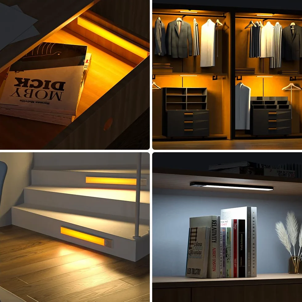 OUSFOT Reglette Led 30CM 2 Sztuki, Lampa Wykrywająca Ruch z 3 Temperaturami Barw, Lampa LED do Napędu Naładowywalna, Regulowana Jasność, do Szaf, Szafek, Schodów, Bibliotek