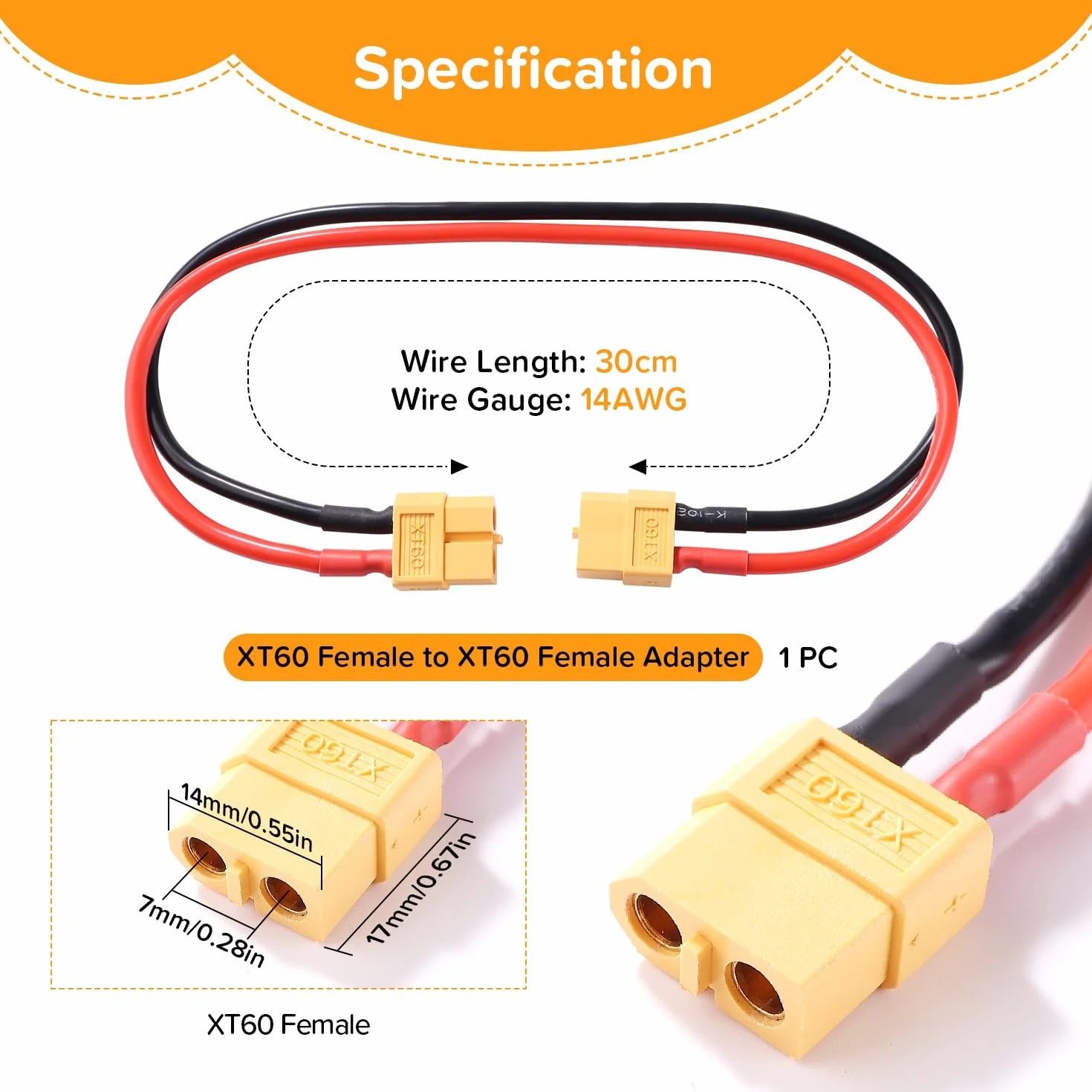XT60 Przewód Przedłużający, XT60 Żeński do Żeński Wtyk Złącza, z 30cm 14AWG Silikonowym Kablem, do Akumulatora RC LiPo