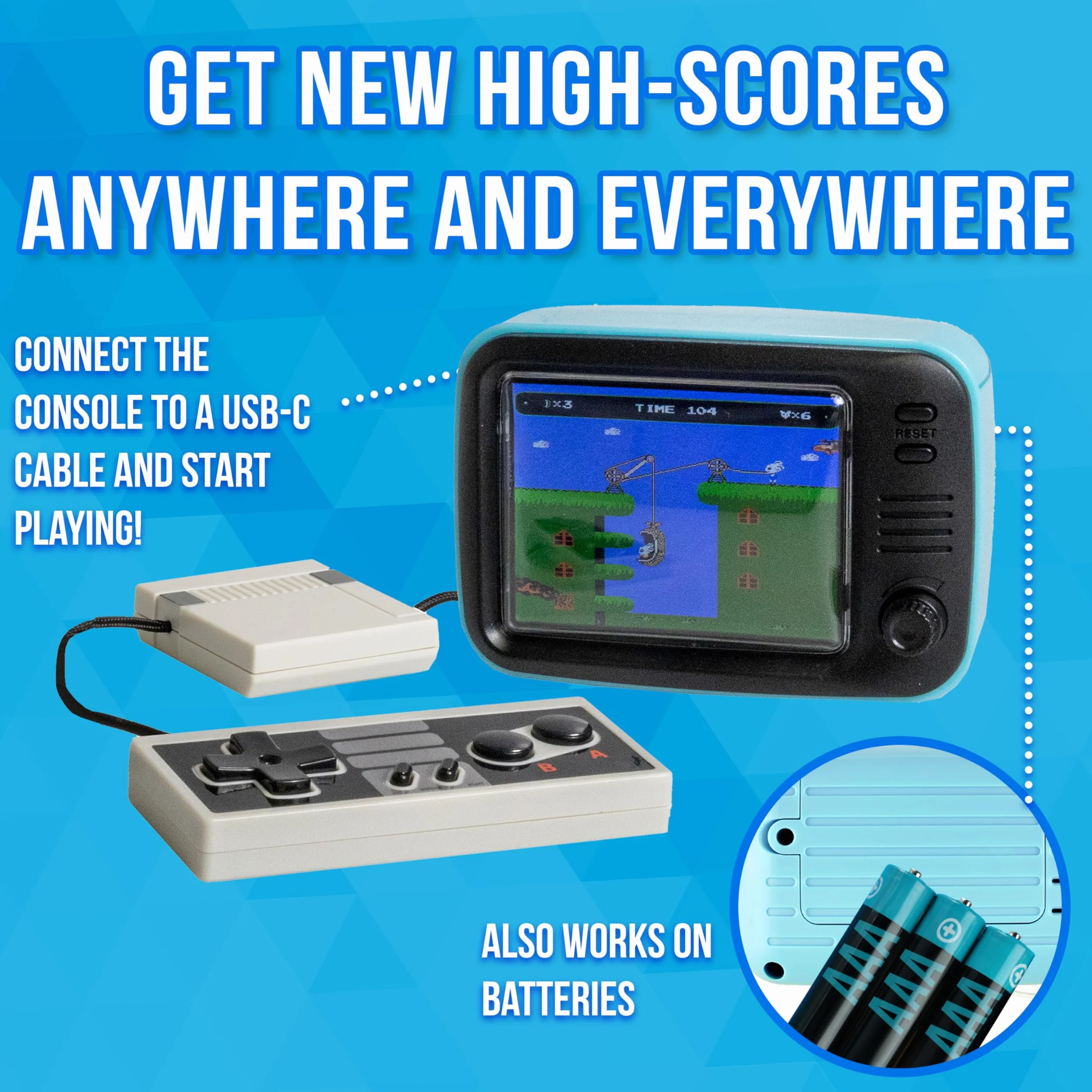 Silvergear® Mini TV Retro Video Game, analogowa konsola kieszonkowa w stylu retro, z 240 klasycznymi grami, przenośna konsola do gier, 61 x 64 x 94 mm, niebieska