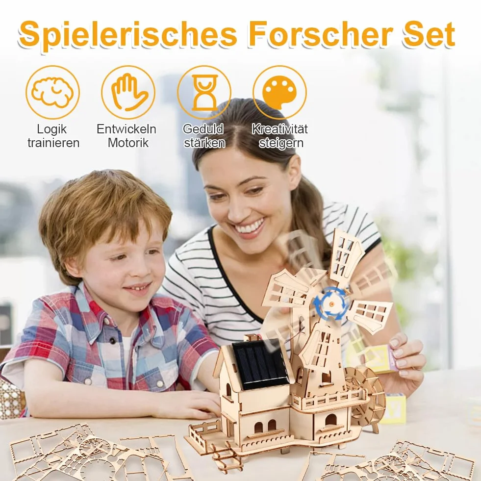 3D puzzle drewniane Dom z wiatrakami solarnymi - zestaw do majsterkowania DIY dla dorosłych - zestaw budowy modelu z obracającą się turbiną wiatrową zasilaną energią słoneczną | W tym