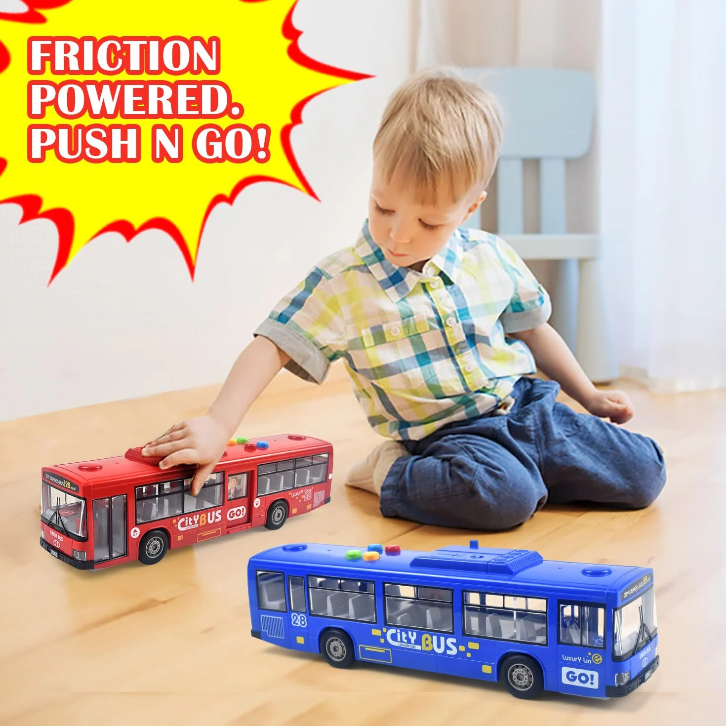 Zabawka autobusowa dla chłopców i dziewcząt - ze światłami i dźwiękami, realistyczne opony, symulowane funkcjonalne drzwi, ruch napędzany tarciem, czerwony