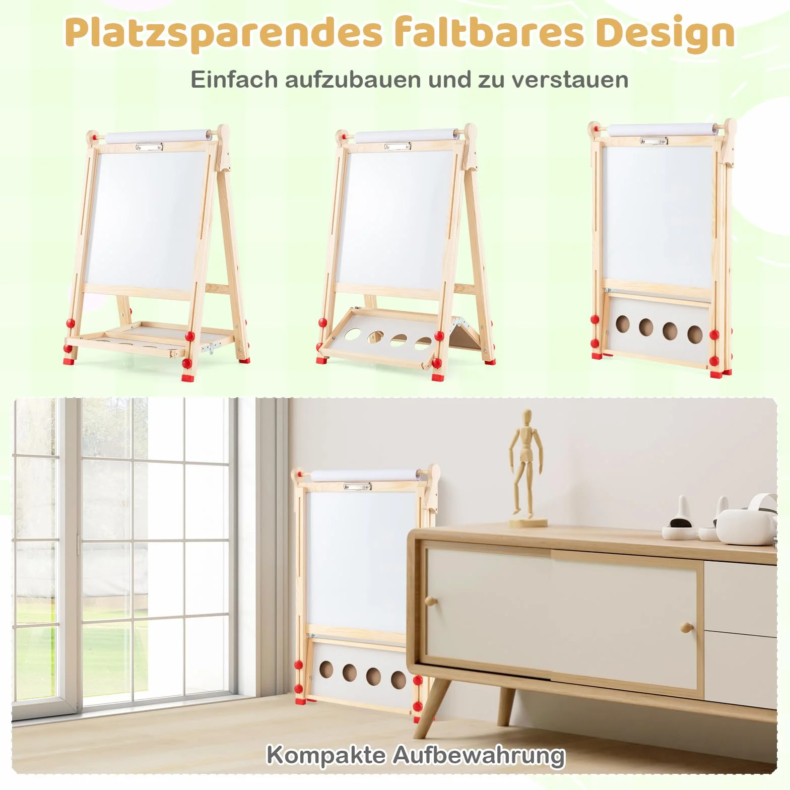 COSTWAY Sztaluga dziecięca 3 w 1 z regulacją wysokości, tablica suchościeralna, tablica do pisania kredą i papier do rysowania, drewniana tablica dla dzieci z półką i akcesoriami, naturalny