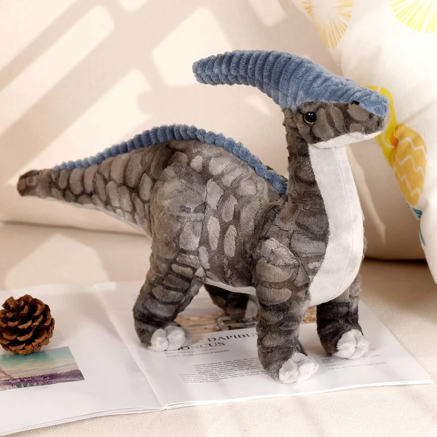 Parasaurolophus pluszowa zabawka z motywem dinozaura, 40 cm, pluszowa zabawka, miękka szarość, prezent dla wszystkich grup wiekowych i okazji