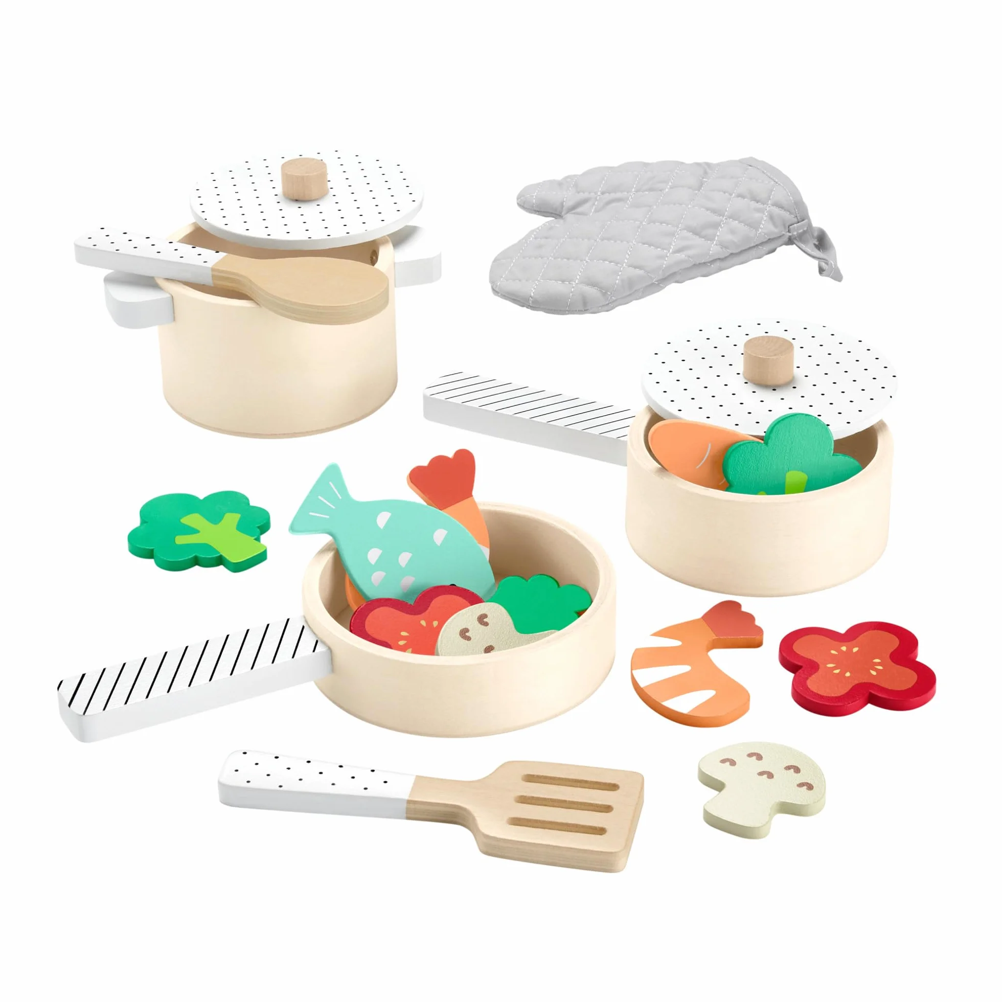 Fisher-Price Maluch gotuje Zestaw drewnianych zabawek 19 elementów, dla dzieci od 3 roku życia, HXT83
