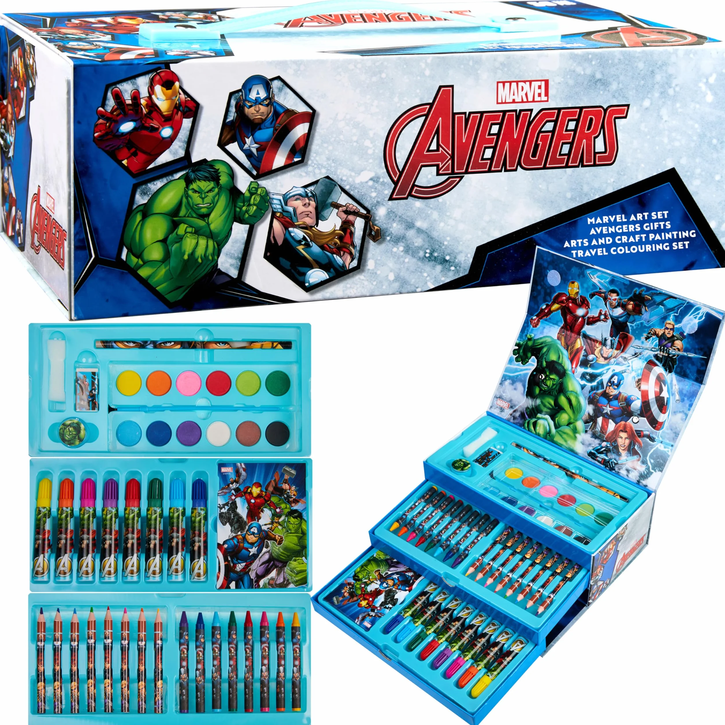 Marvel Aktówka Farby dla dzieci Spiderman Avengers z woskiem i kolorowymi kredkami 40+ sztuk (wielokolorowy Avengers)
