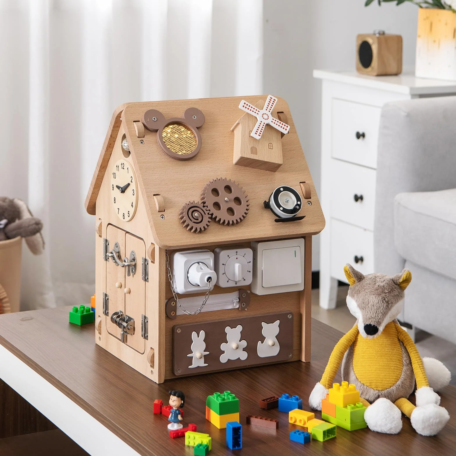 COSTWAY Domek do zabawy dla dzieci z drewna, sensoryczny domek z zabawkami sensorycznymi i miejscem do przechowywania wewnątrz, zabawka Montessori, kostka do aktywności, prezent dla chłopców i