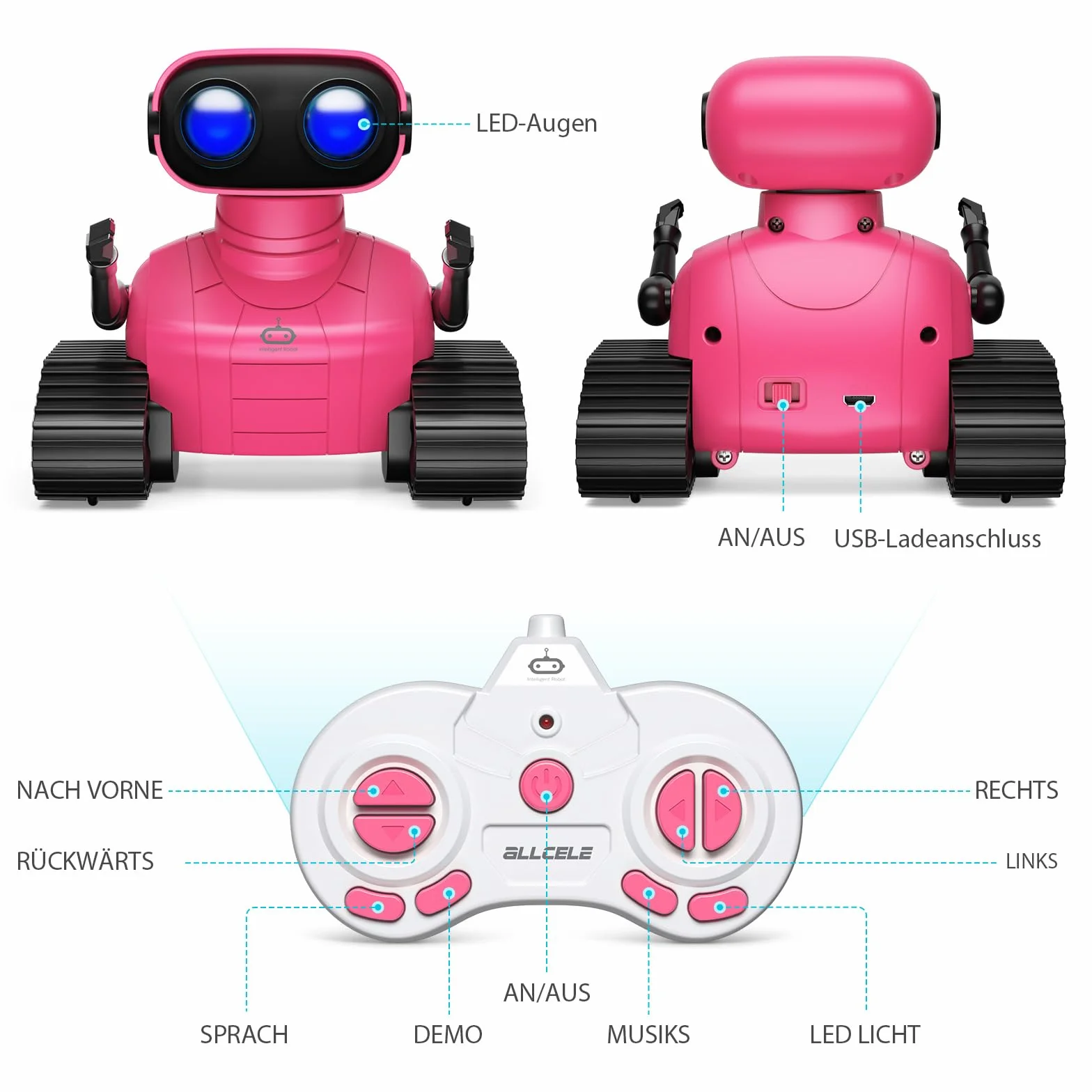 ALLCELE Robot zabawka dla dziewczynek, zabawka RC z pilotem zdalnego sterowania, słodki wygląd, interesująca muzyka, oczy LED i elastyczne ramiona, idealny prezent na Boże Narodzenie dla dzieci 3+
