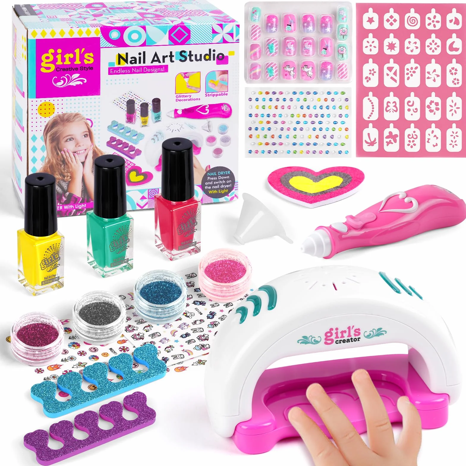 Aomig Zestaw do manicure dla dziewczyn, zestaw farb do paznokci, zestawy do salonu Manicure dla dzieci z suszarką do paznokci naklejki brokatowe pilniki do paznokci na urodziny Boże Narodzenie Dzień