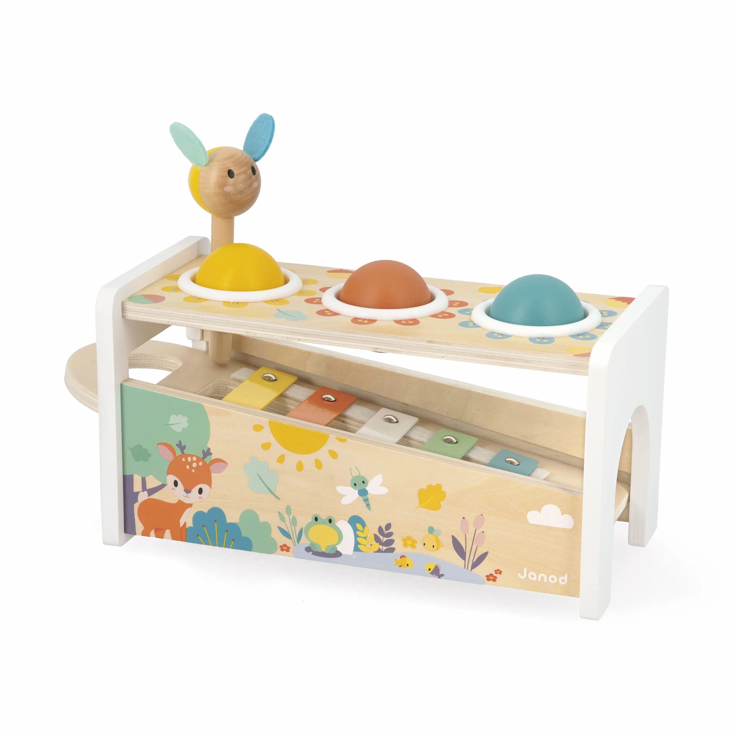 Janod Tap Tap Xylo Pure 2-in-1 Baby Musical Instrument - Awakening and Educational Game - Wooden Toy with 3 Balls + Hammer + Xylophone - From 12 Months Old, J05155