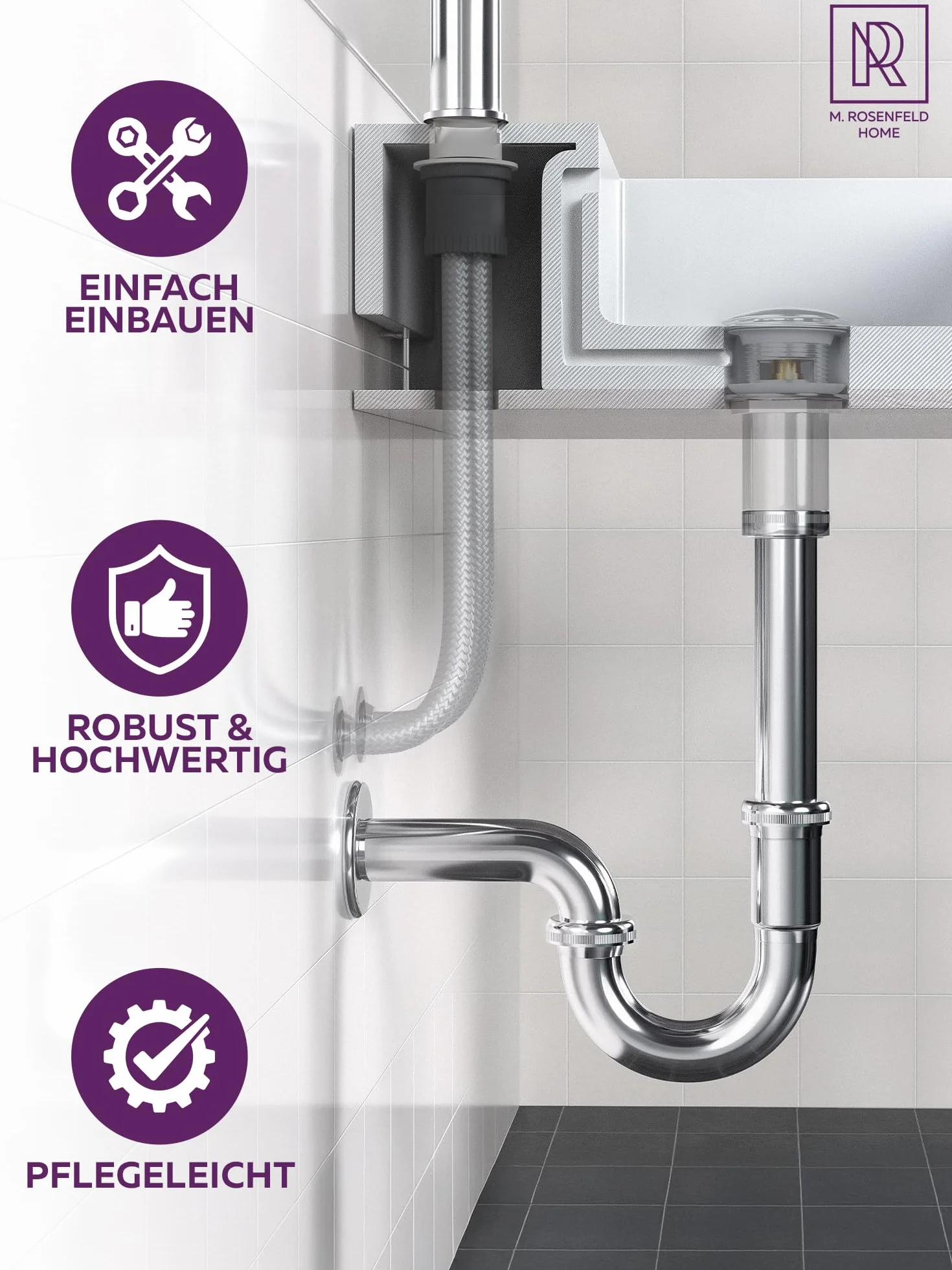 M. ROSENFELD HOME Syfon do umywalki – stal nierdzewna Rura odpływowa do umywalki Rura zanurzeniowa 4-8,5 cm – blokada zapachu – syfon rurowy 1 1/4 cala – komplet z uszczelkami i rozetką