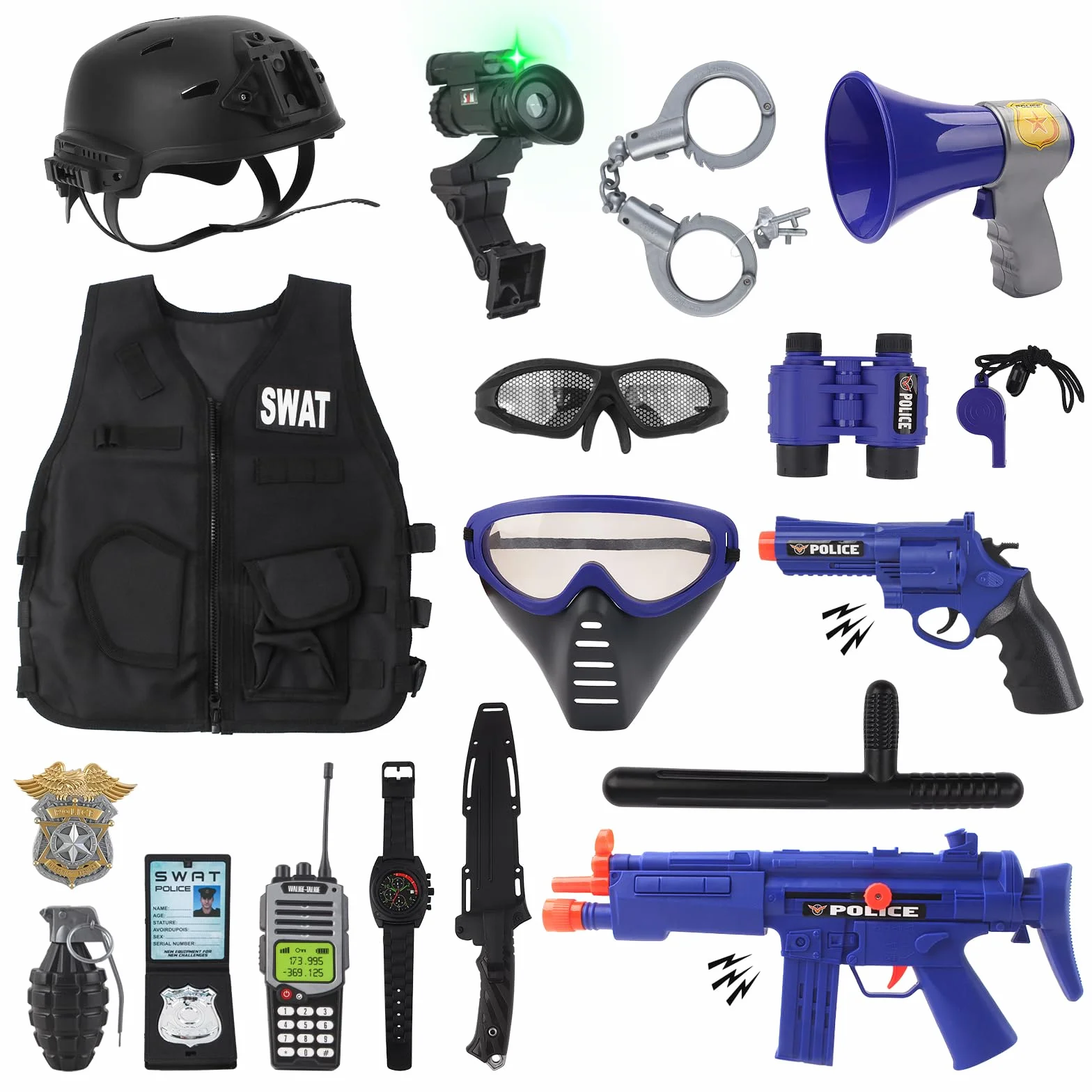 deAO przebranie policjanta, kostium policjanta dla dzieci z kamizelką, kaskiem, kajdankami, okularami, walkie-talkie itd., 18 szt. akcesoriów policyjnych