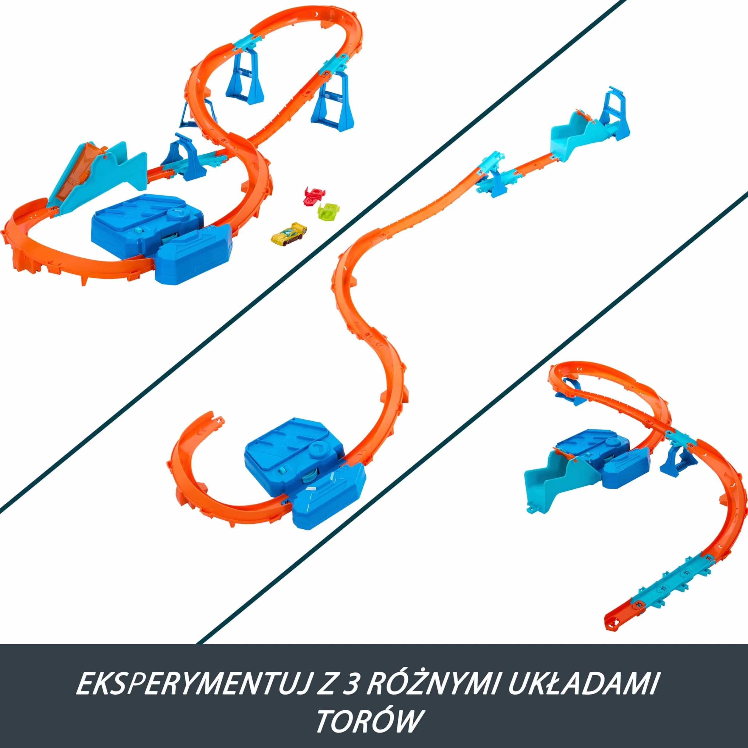 Hot Wheels Track Creator Tor wyścigowy Super skok Zestaw deluxe z przyspieszaczem z napędem + samochód 1:64, JDB49