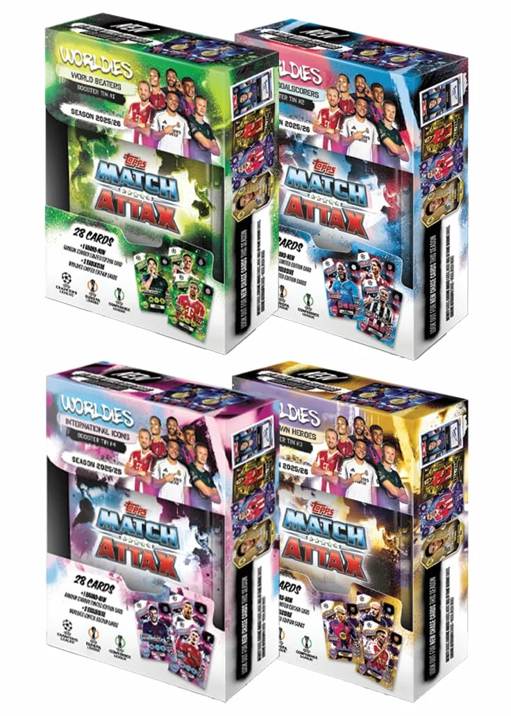 Topps UCC Match Attax 2025/26 – zestaw mini puszek zawiera wszystkie 4 mini puszki z kolekcji Match Attax 2025/26 – World Beaters, Global Goalscorers, Homegrown Heroes i International Icons.