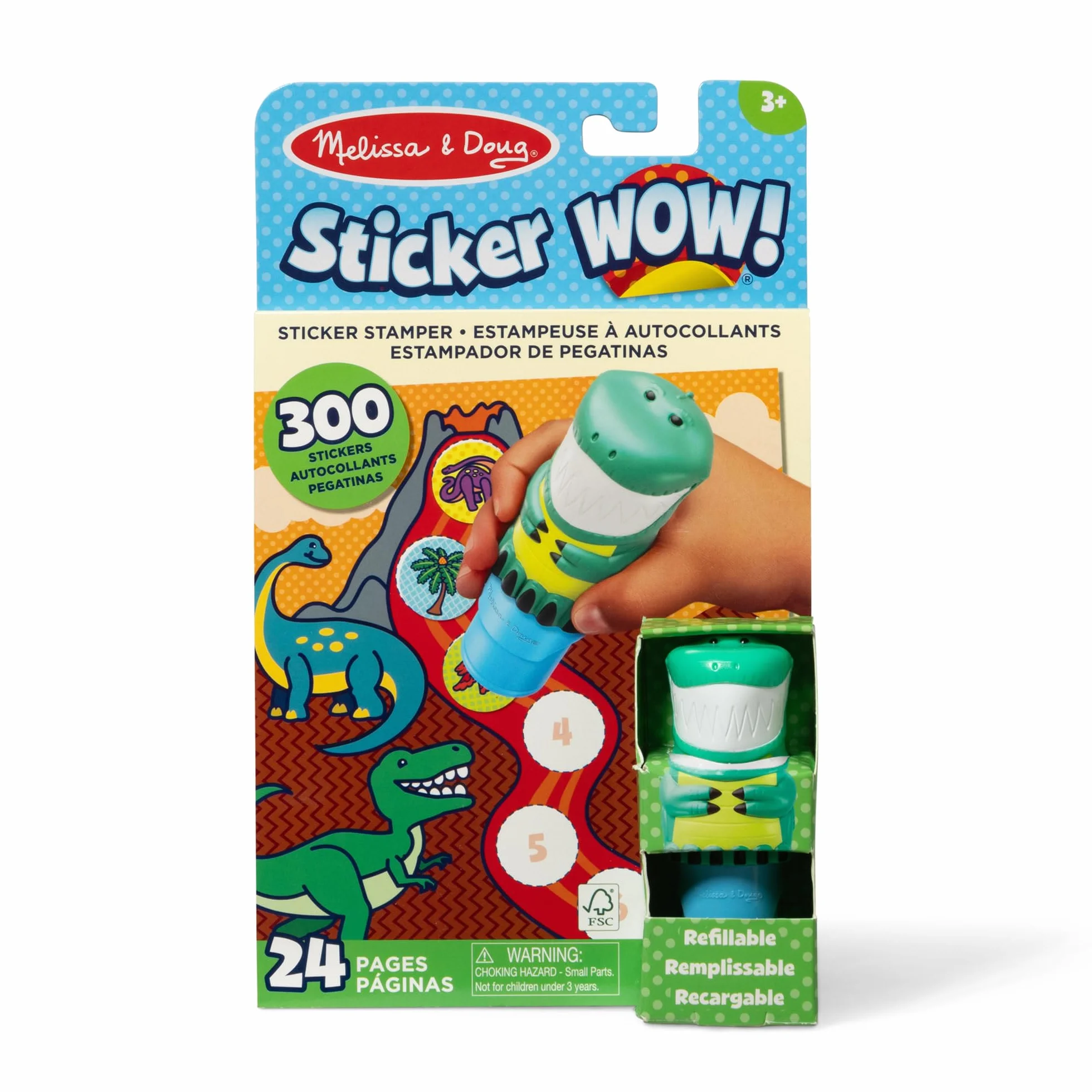 Melissa & Doug Naklejka WOW!™ stempel i 24-stronicowa podkładka do aktywności, 300 naklejek, sztuka i rękodzieło, zabawka fidget, kolekcjonerska postać, dinozaur, kreatywna zabawka podróżna dla