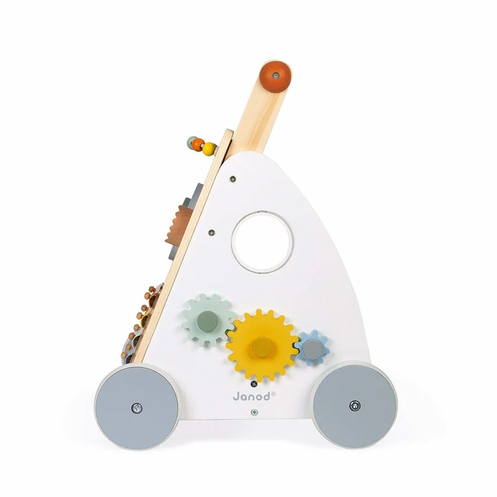 Janod - Sweet Cocoon Multi-Activity Cart - Wooden Push-In Walking Trolley - 9 Activities - Quiet Wheels, Water Based Paint - from 1 Year Old, J04410