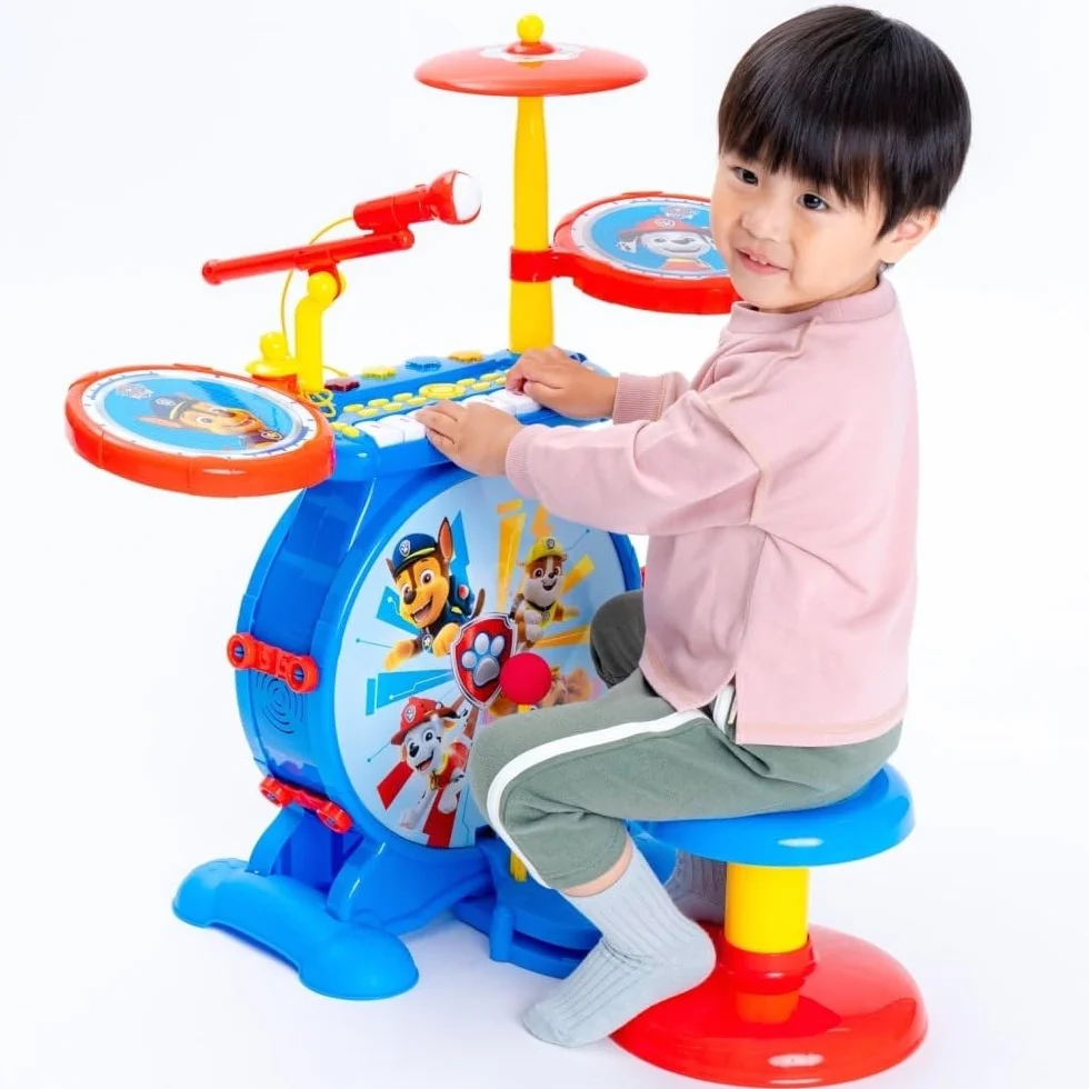 Lexibook K610PA Paw Patrol Chase Elektroniczny Zestaw dla Dzieci, Muzyczna Zabawka, Realistyczny Dźwięk Perkusji, 8-Klawiszowa Klawiatura, Wtyczka Mp3, Siedzisko w Zestawie, Niebieski, Czerwony