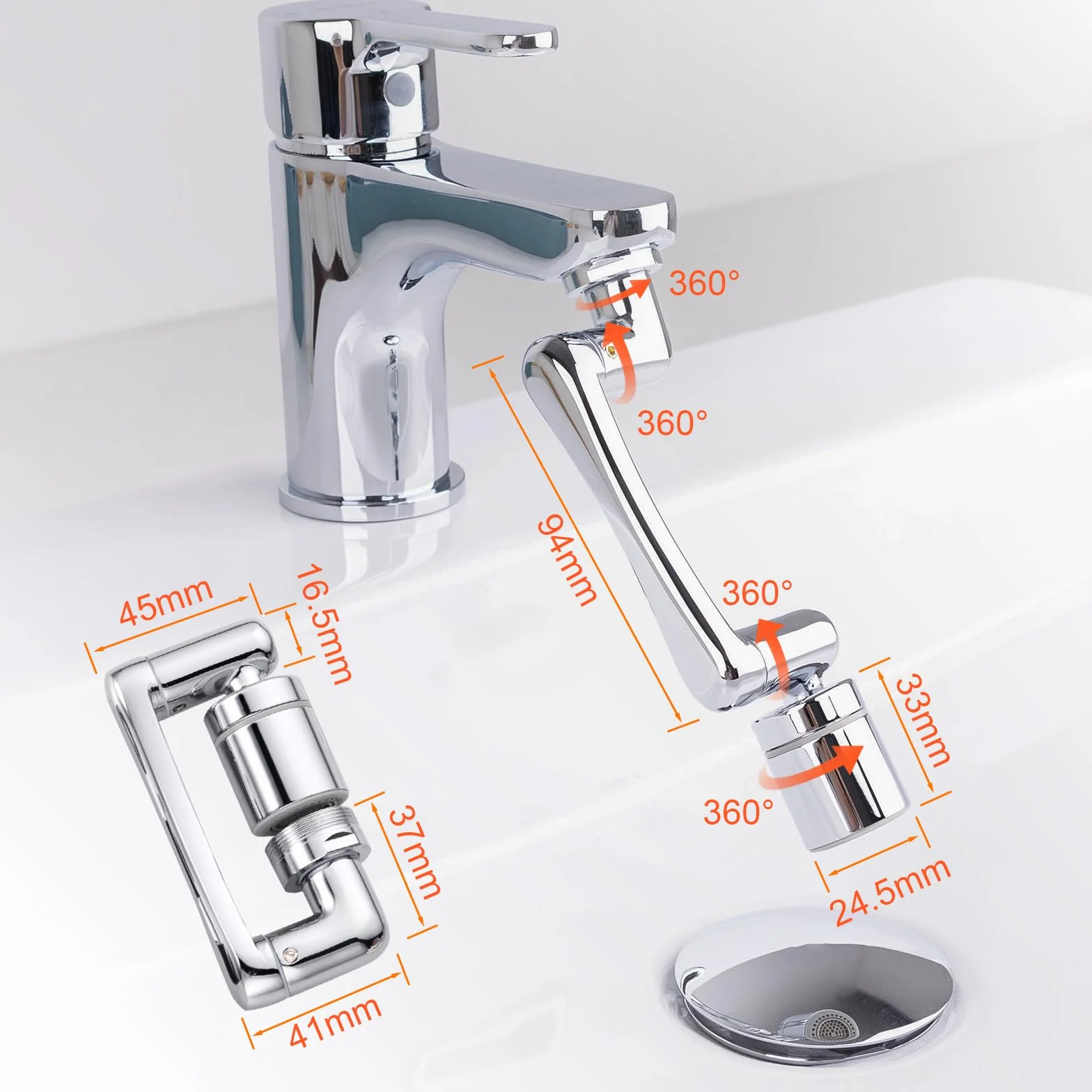 Ibergrif M91006 Obracany Aerator Baterii 1440° – Adapter Przedłużający Baterię z Mosiądzu Chromowanego z 2 Trybami Strumienia do Umywalki i Kuchni, Gwinty 20/22/24 mm Uniwersalne