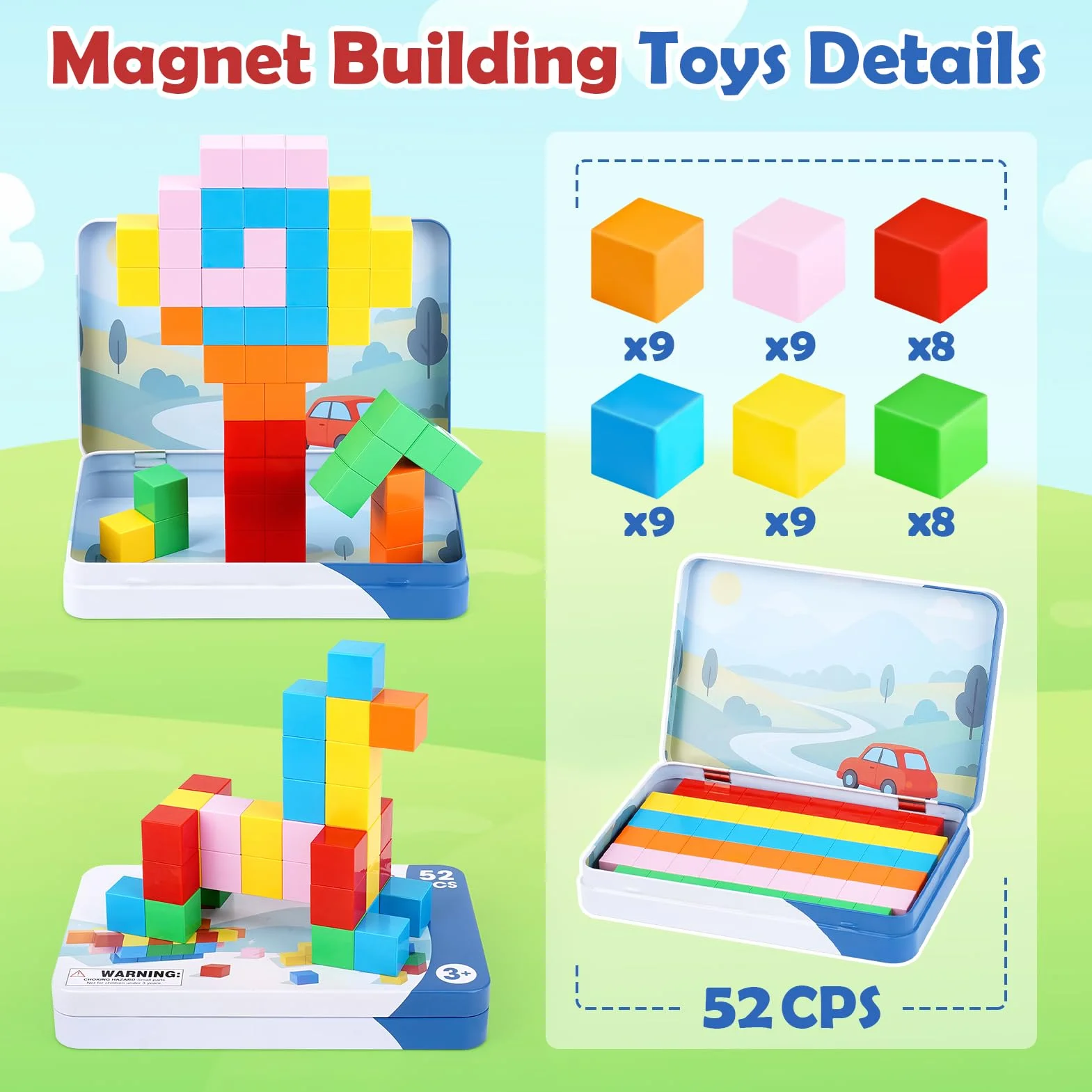 Dreamon Magnetyczne klocki do budowania dla dzieci, 52 szt. podróżne klocki magnetyczne z żelaznym pudełkiem, zajęcia samolotowe, prezent dla chłopców i dziewcząt w wieku 3, 4, 5, 6, 7 lat