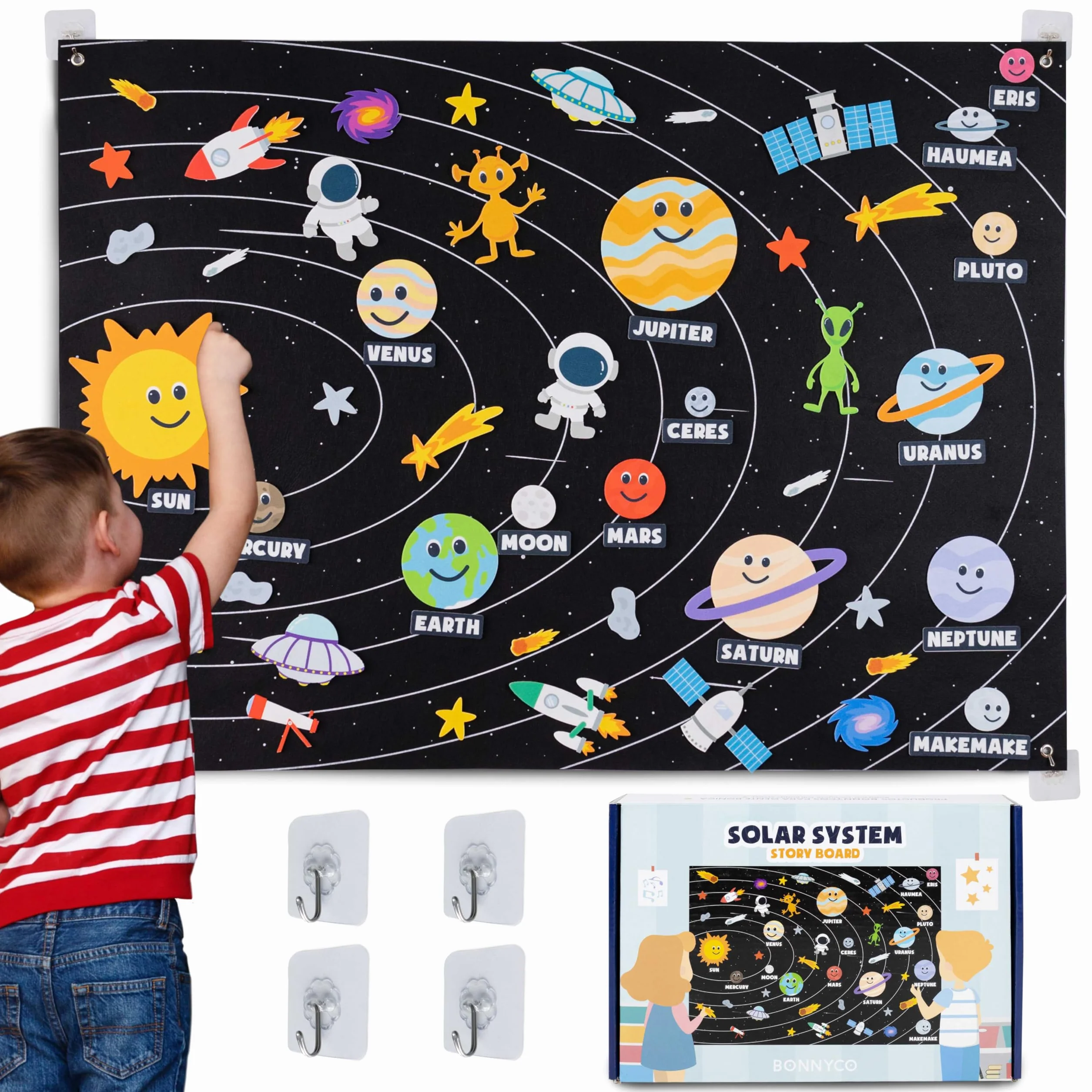 BONNYCO Układ Słoneczny dla Dzieci z 61 Filcowymi Figurkami. Chłopcy, Dziewczynki, Prezenty Urodzinowe. Zabawki Montessori, Planety Filcowe na Prezenty dla Dzieci 3 4 5 6 7 8 Boże Narodzenie