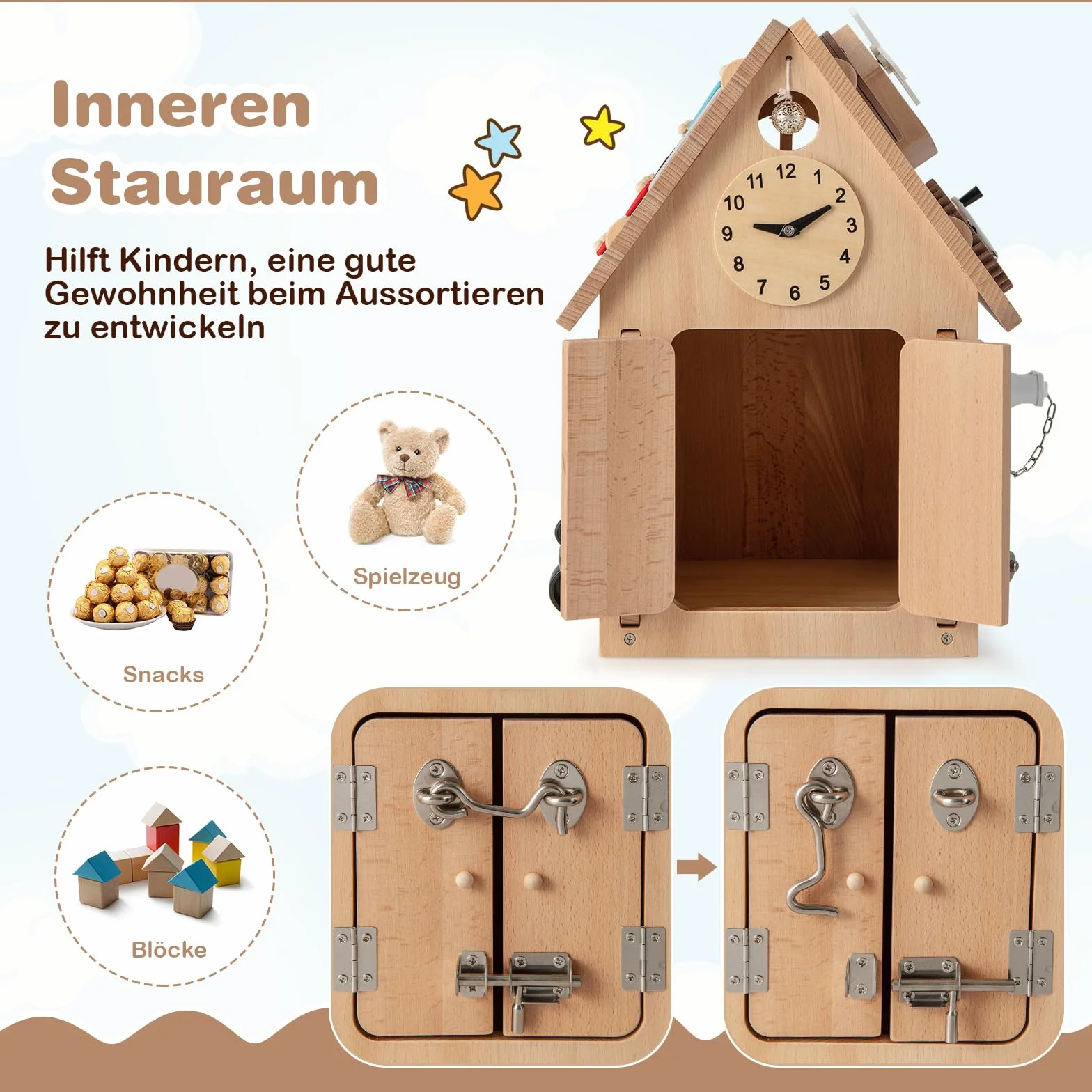 COSTWAY Domek do zabawy dla dzieci z drewna, sensoryczny domek z zabawkami sensorycznymi i miejscem do przechowywania wewnątrz, zabawka Montessori, kostka do aktywności, prezent dla chłopców i