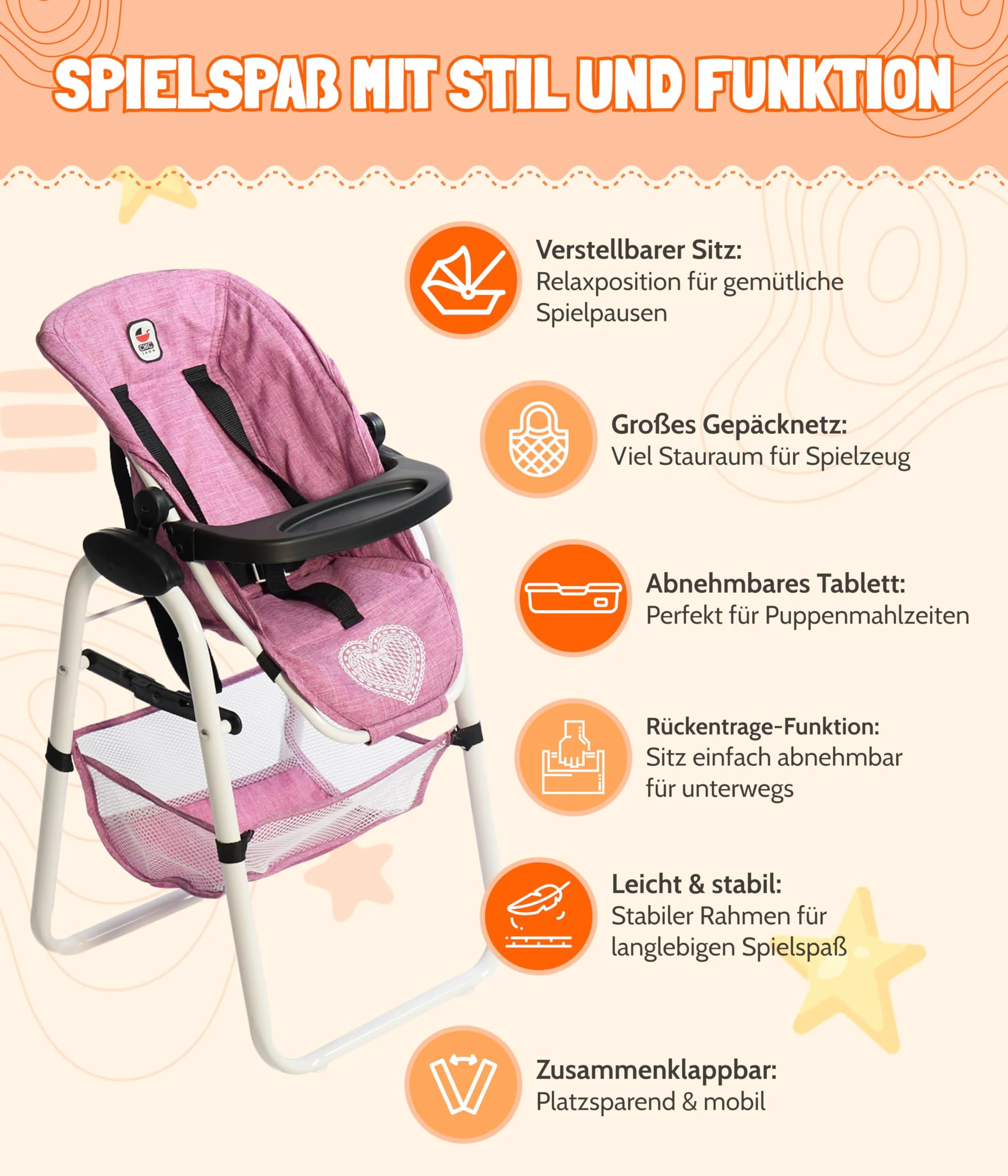Bayer Chic 2000 - Wysokie krzesełko dla lalek, meble dla lalek, akcesoria dla lalek, dżinsy różowe 655-62, małe