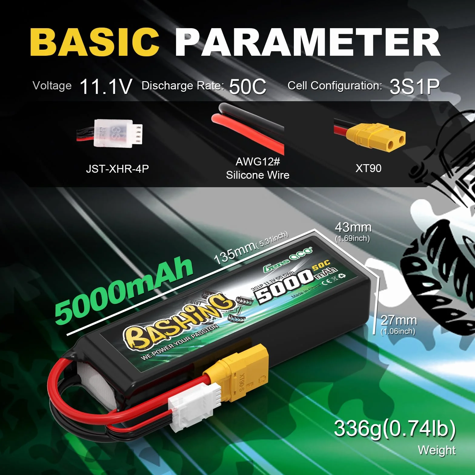Gens Ace 3S LiPo akumulator 11,1 V 5000 mAh 50C z wtyczką XT90 bateria bashing do 1/8,1/10 RC samochód RC samolot, helikopter RC, RC Hobby