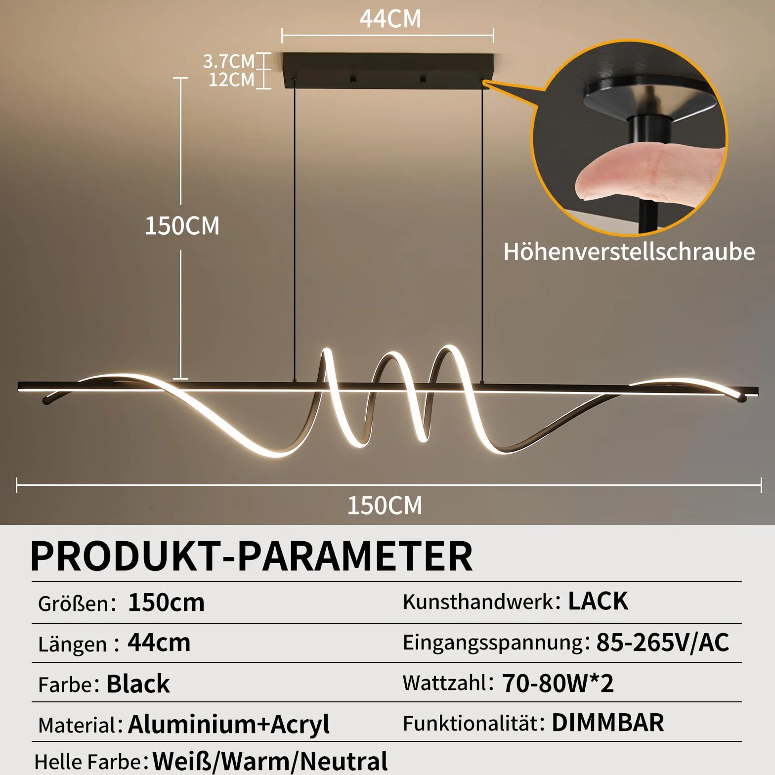 Mikeru Nowoczesna lampa LED, 150 cm, spiralne wiszące z funkcją pamięci, czarna LED do jadalni, 10-100%, 3000 K/4500 K/6000 K, do kuchni, wnętrz