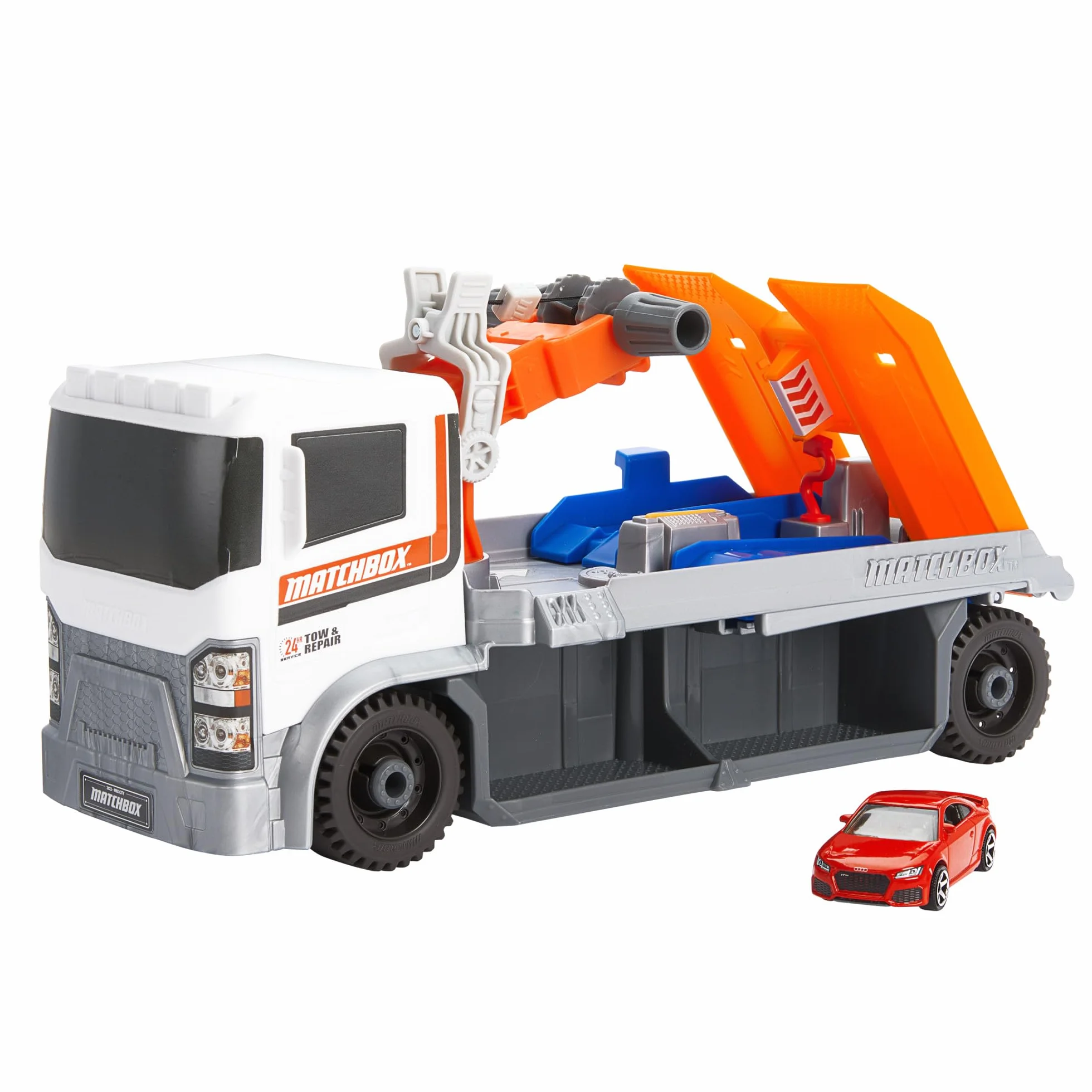 Matchbox HRY43 Prawdziwe Przygody Laweta Pomoc drogowa Zestaw z ciężarówką warsztatem Audi TT RS Coupe 1:64