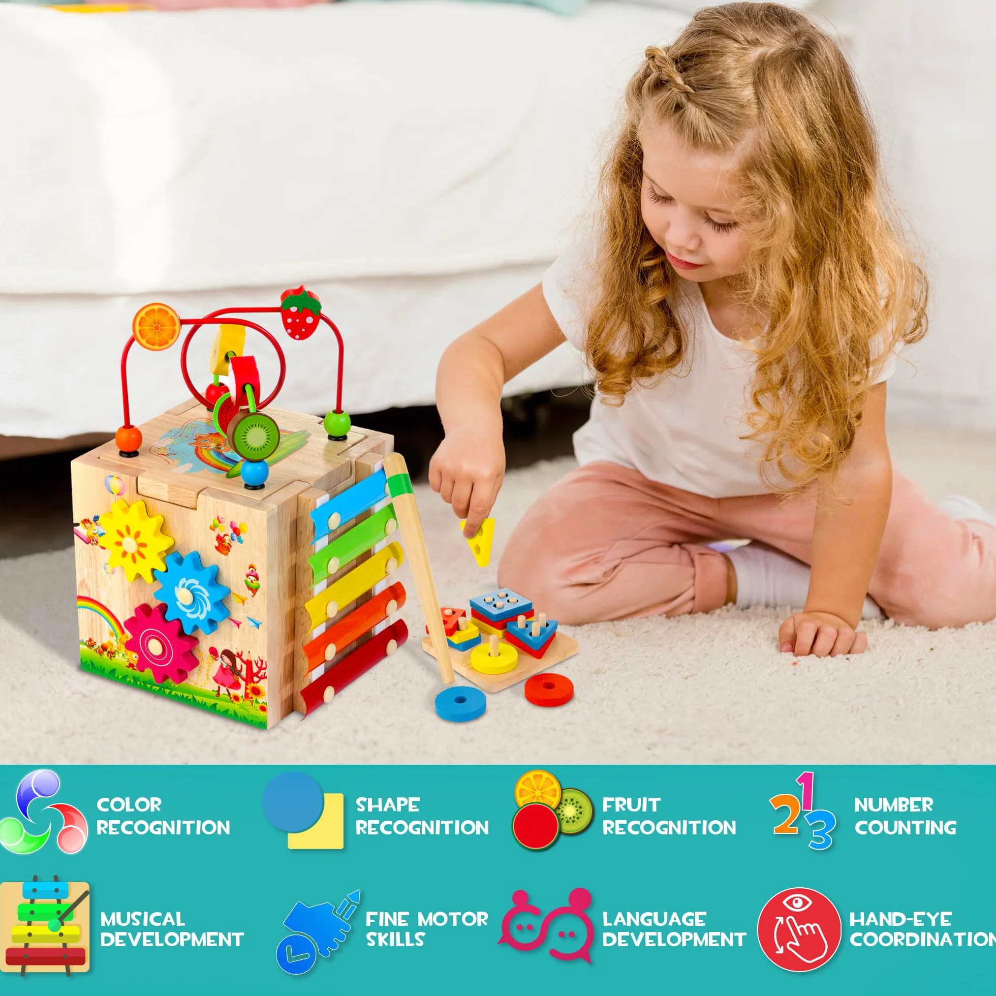Kostka motoryczna 8 w 1 od 1 roku aktywności, deska do układania w stos i sortowania, słowa karty (w języku angielskim), zabawka motoryczna Baby Montessori Speilzeug prezent dla dzieci