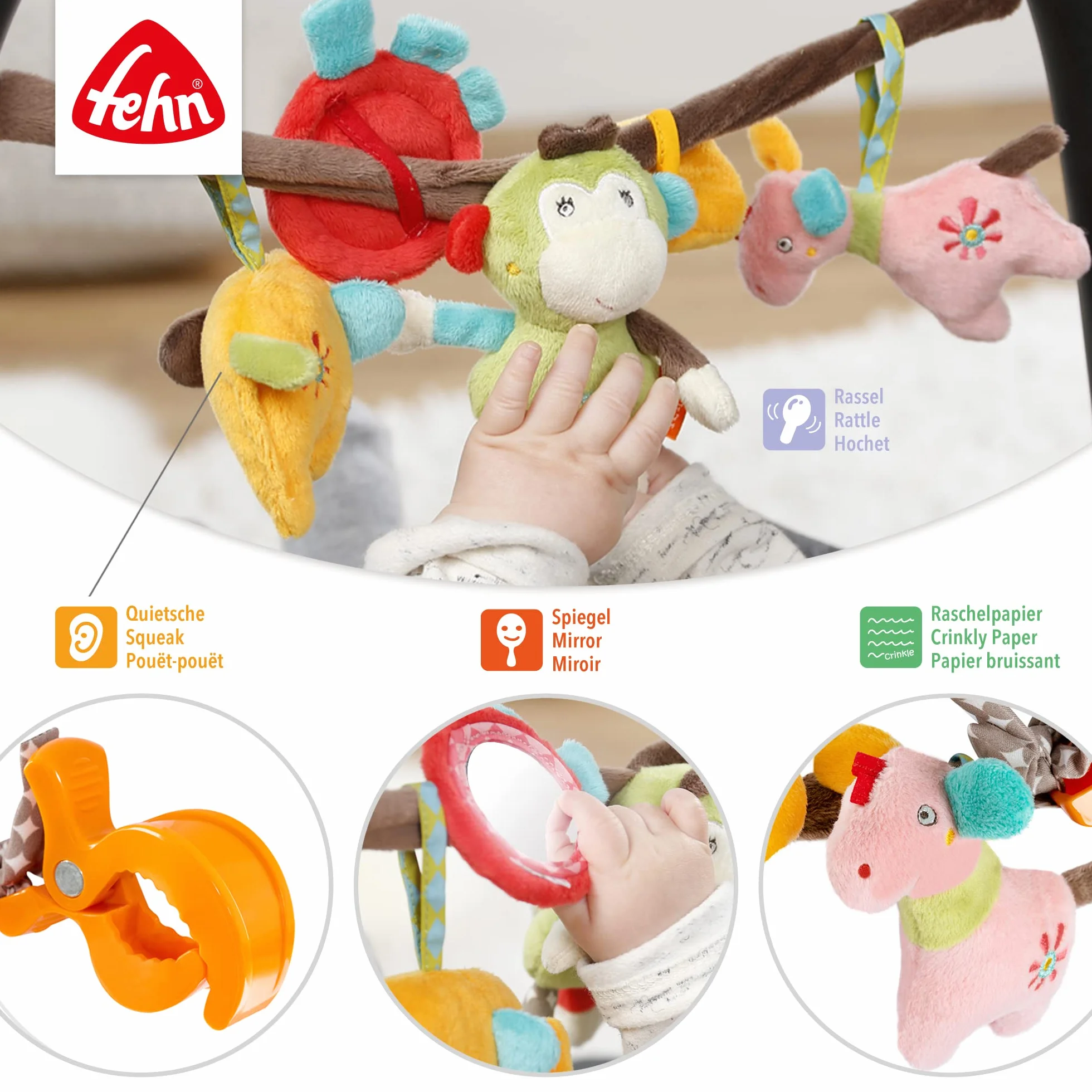 Fehn 74550 Łańcuszek do Wózka Dziecięcego Safari, Wielokolorowy, 45 cm