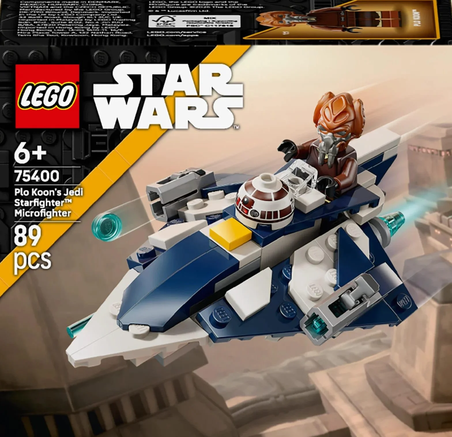 LEGO Star Wars Mikromyśliwiec Jedi Plo Koona z serialu Gwiezdne Wojny: Wojny klonów, zabawka dla dziecka do zbudowania z niebieskim mieczem świetlnym, prezent dla 6-latka, chłopca i dziewczynki 75400