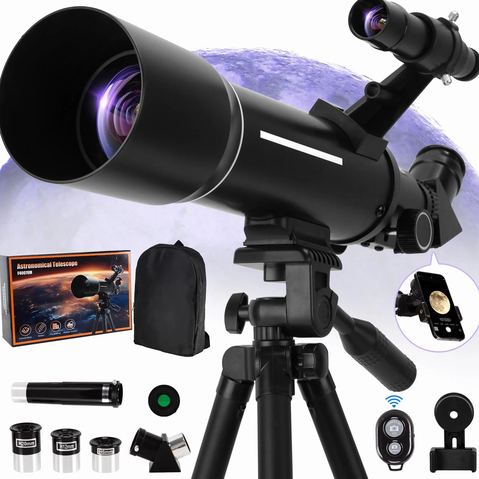 Teleskop Astronomiczny 500/70mm, 200x, ze statywem, adapter do telefonu, filtr księżycowy i 3 okulary, dla początkujących i dzieci