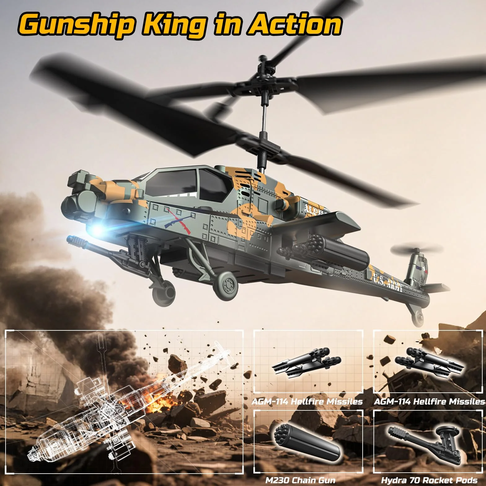 DEERC Apache Helikopter RC 2,4 GHz Wojskowy 2 Baterie 26 Minut LED