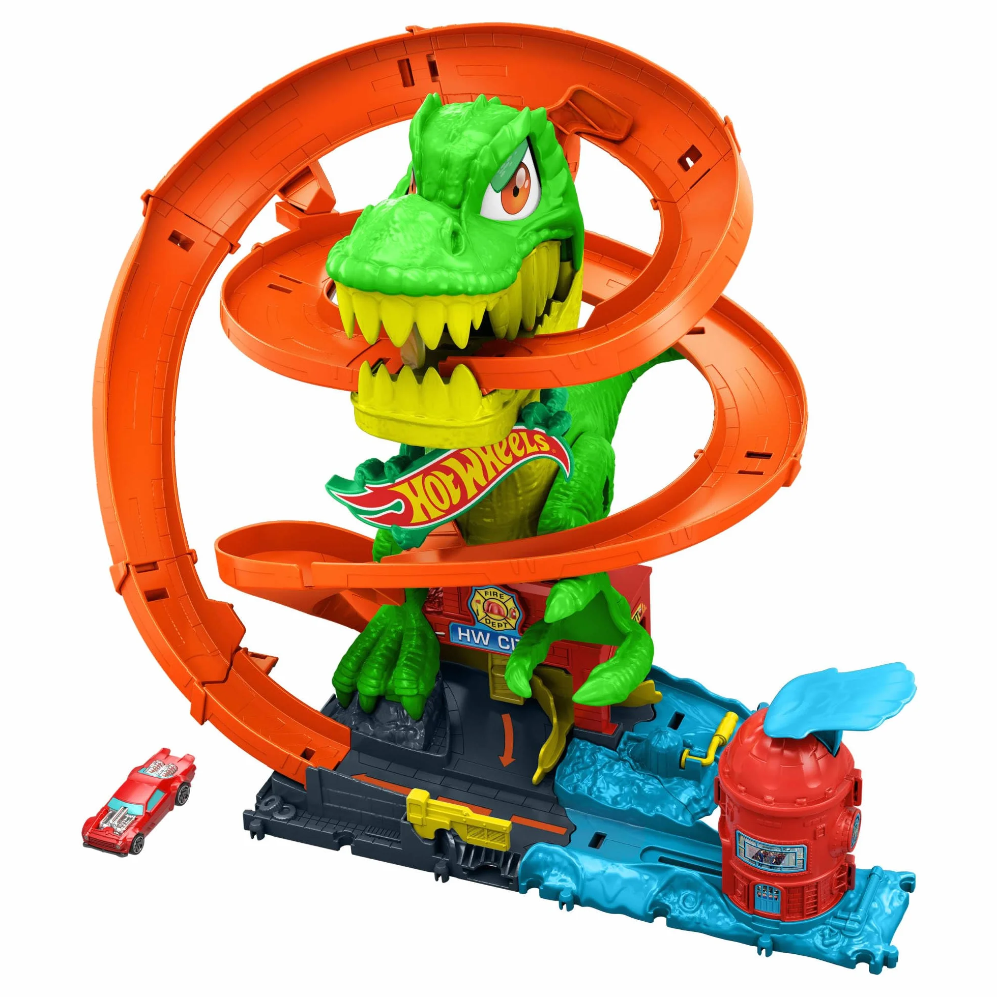 Hot Wheels City Zakręcony tor Remiza T-rexa Zestaw do zabawy (ok. 36 cm), tor samochodowy, dinozaur o ruchomych oczach, metalowe autko w skali 1:64, kilka możliwości zabawy, zabawka dla dzieci, JBM73