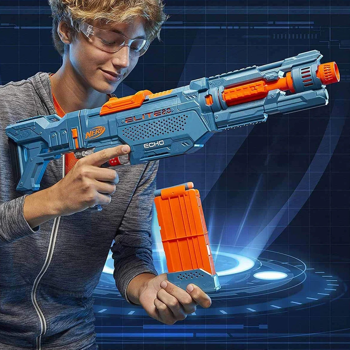 Wyrzutnia Nerf Elite 2.0 Echo CS-10-24 oryginalne strzałki Nerf, 10-strzałkowy magazynek, zdejmowana kolba, przedłużenie lufy, 4 szyny na akcesoria.